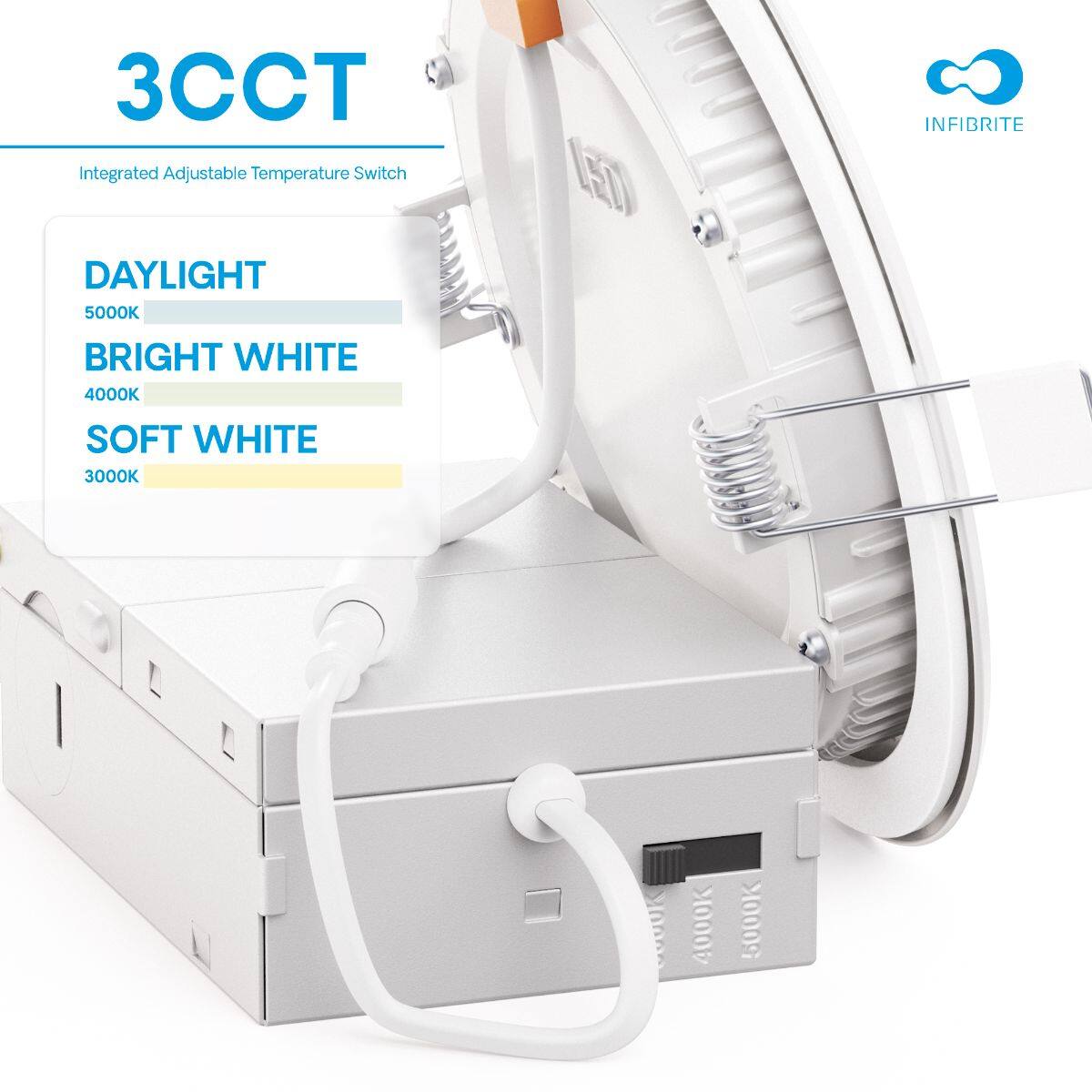 3CCT Integrated Adjustable Temperature Switch

- DAYLIGHT 5000K
- BRIGHT WHITE 4000K
- SOFT WHITE 3000K

INFIBRITE