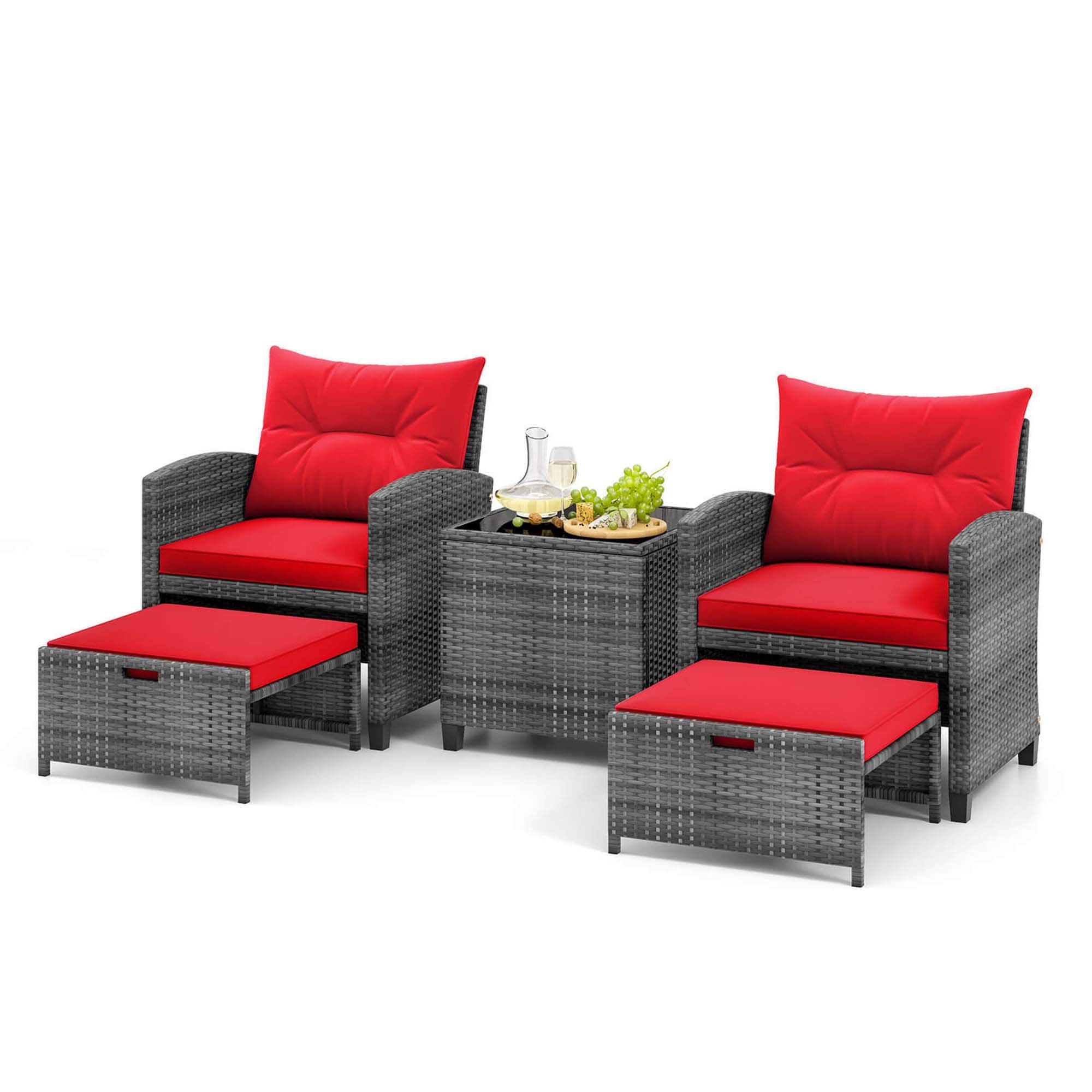 Gymax - 5PCS Outdoor Rattan Furniture w/ 2 Ottomans & Tempered Glass Coffee Table - Red price history on PriceWatchPro