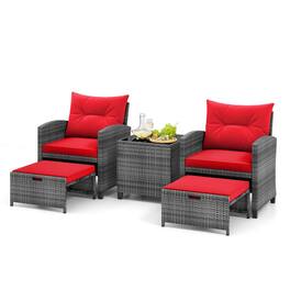 Gymax - 5PCS Outdoor Rattan Furniture w/ 2 Ottomans & Tempered Glass Coffee Table - Red