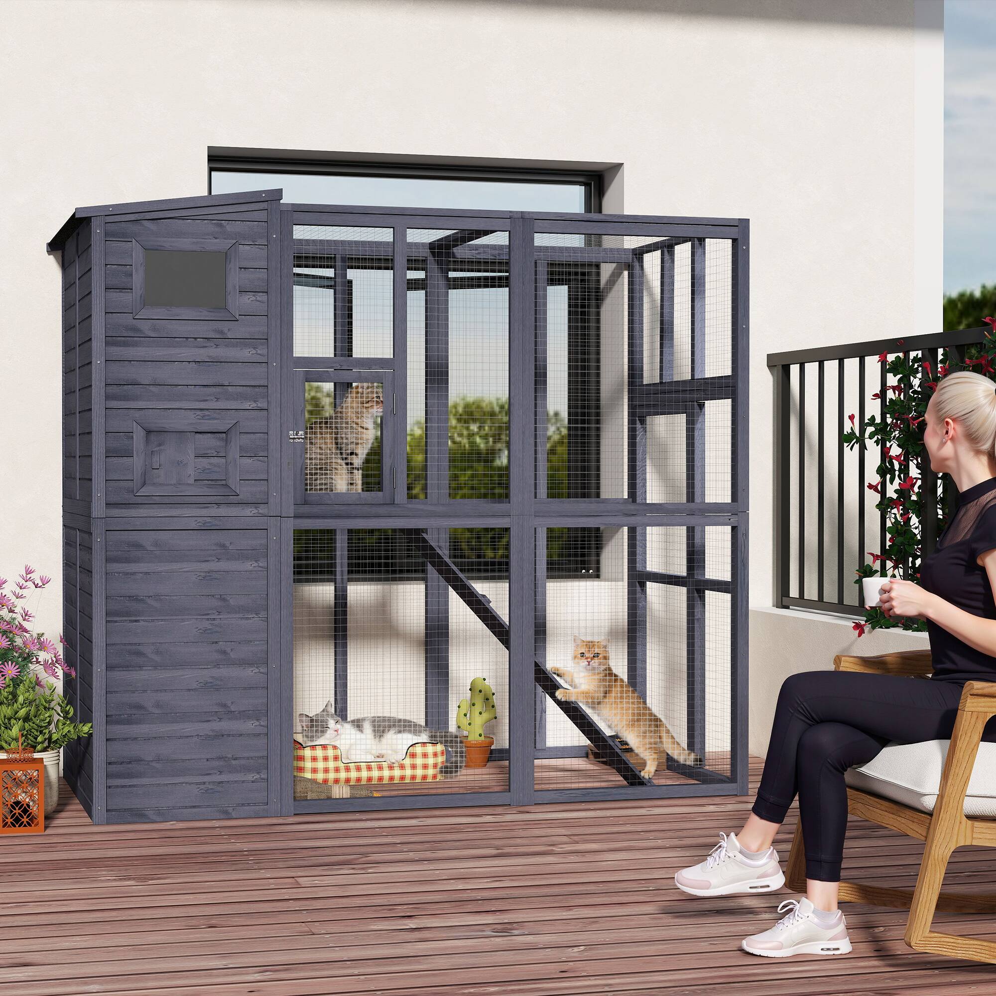 Alt View 1. Pawhut - Outdoor Catio with Platforms, Asphalt Roof.