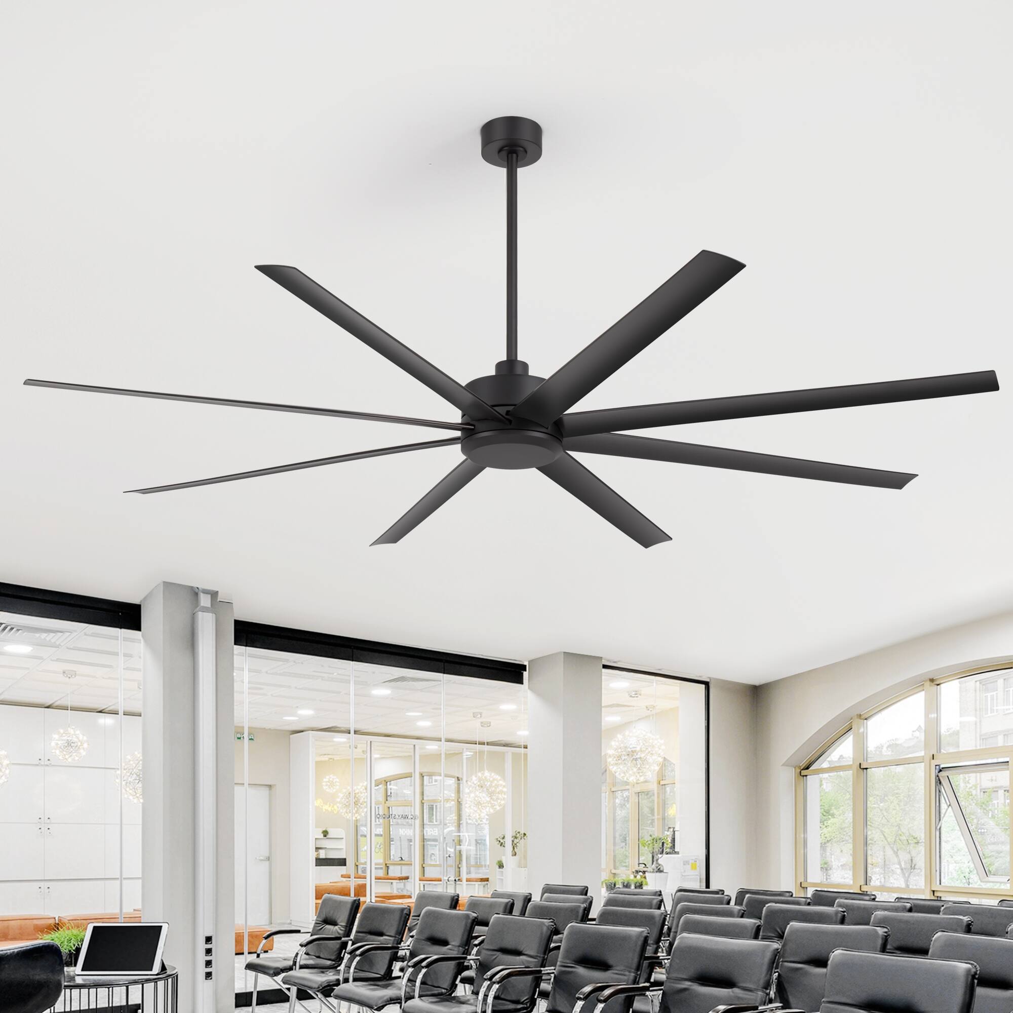 Front. Breezary - 84-in Large Ceiling Fan with 8 ABS Blades, 6-Speed DC Motor, Remote Control, 3 Downrods with Timer, Optional Light Kit - Matte Black (Without Light).