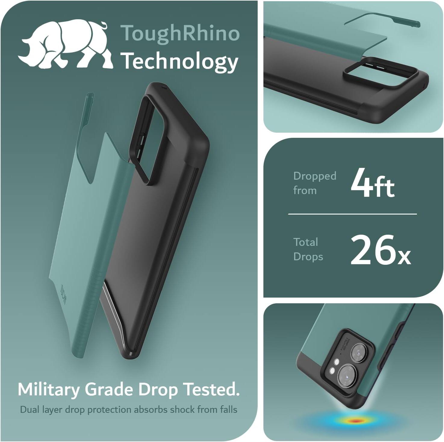 ToughRhino Technology

Dropped from 4ft  
Total Drops 26x

Military Grade Drop Tested.  
Dual layer drop protection absorbs shock from falls