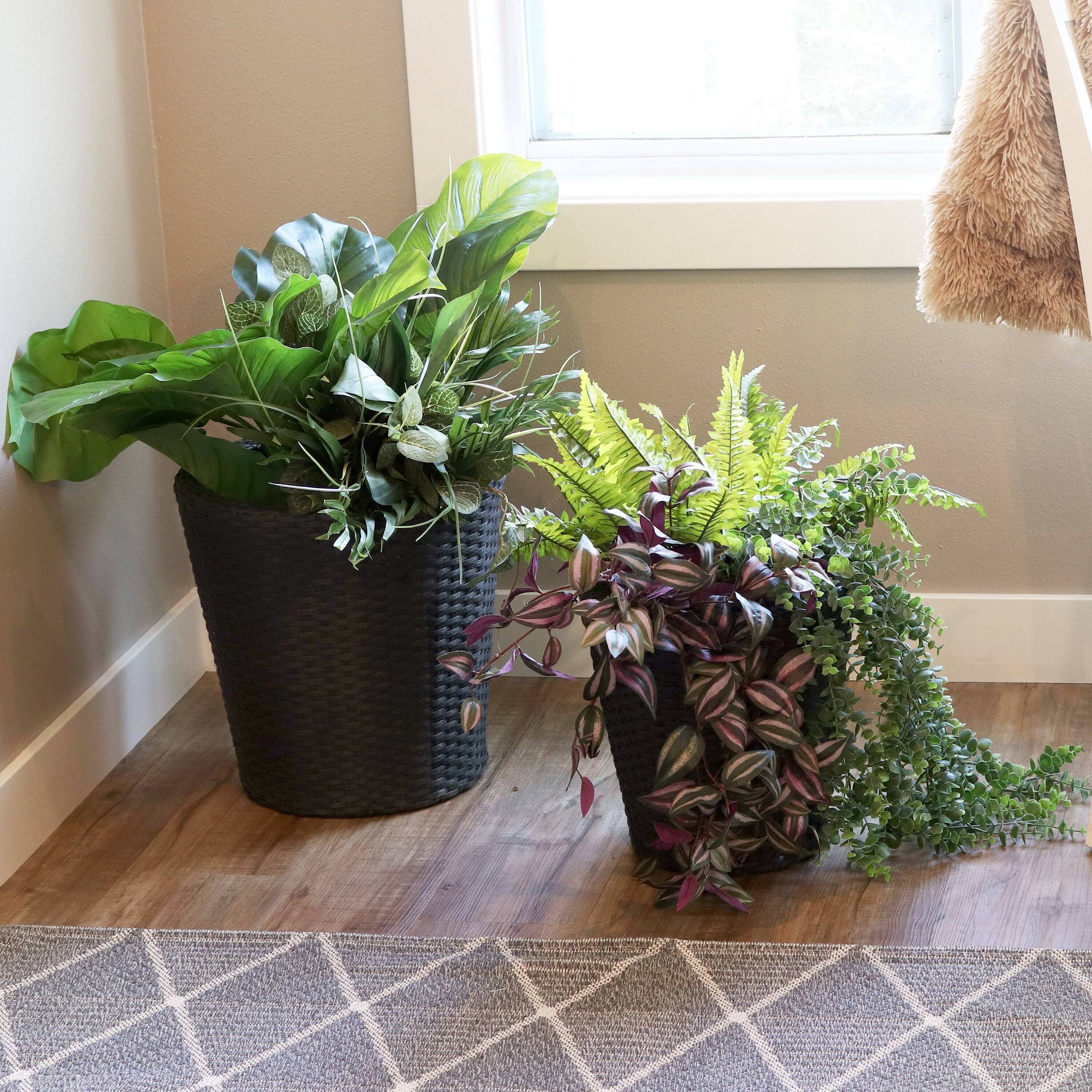 Alt View 1. Sunnydaze - Polyrattan Indoor Round Planter - 14.5 in, 11.75 in - Black.