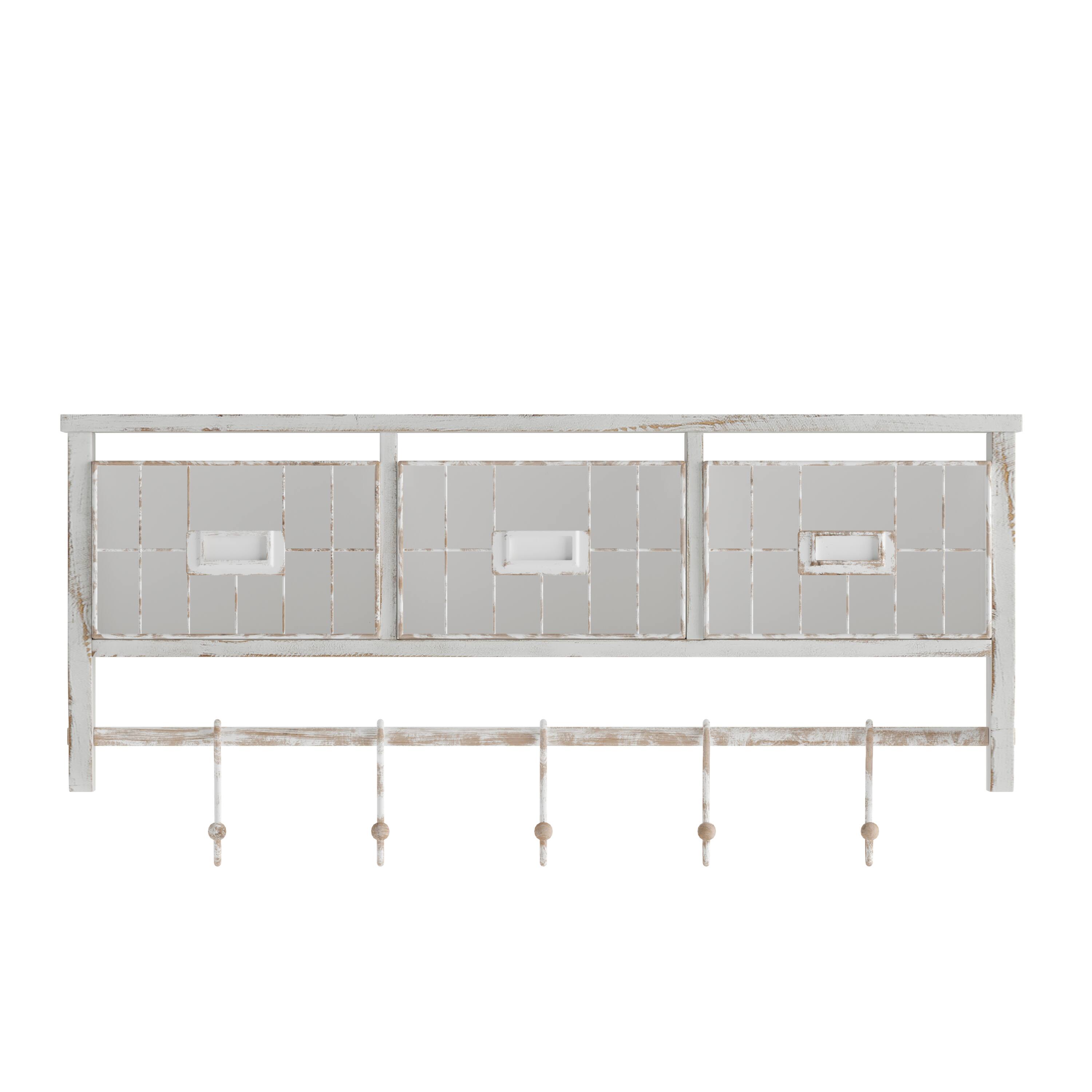 Alt View 9. Emma + Oliver - Mulhall Rustic Country Wall Mounted Shelf with 5 Adjustable Sliding Hooks and Three Wire Storage Baskets - White Wash.