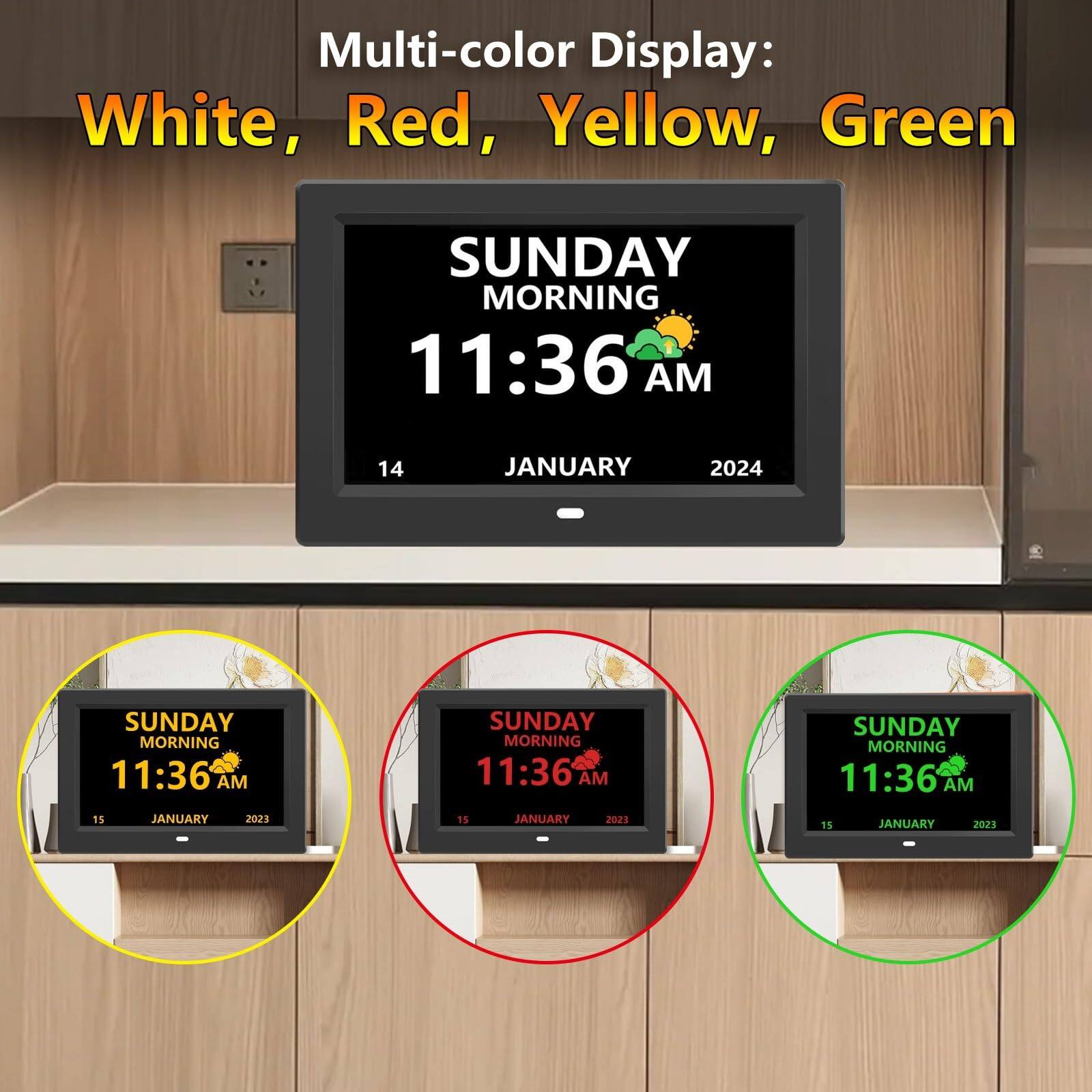 Multi-color Display: White, Red, Yellow, Green

SUNDAY MORNING 11:36 AM  
14 JANUARY 2024

SUNDAY MORNING 11:36 AM  
15 JANUARY 2023

SUNDAY MORNING 11:36 AM  
15 JANUARY 2021

SUNDAY MORNING 11:36 AM  
15 JANUARY 2028