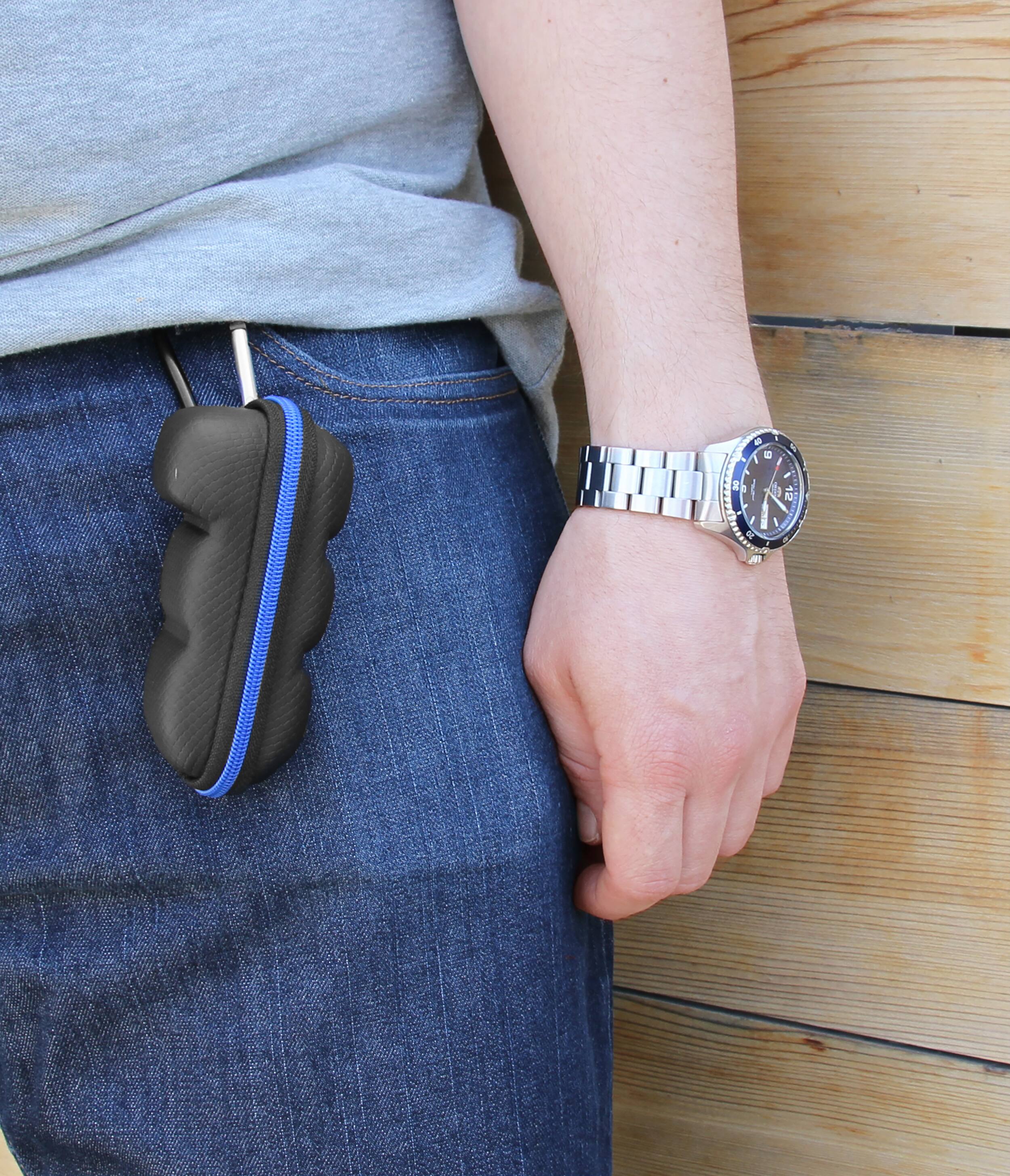 Back. CASEMATIX - Asthma Inhaler Travel Case with Lanyard & Keychain Clip – Portable Holder Pouch for Inhaler (Case Only) - Black.