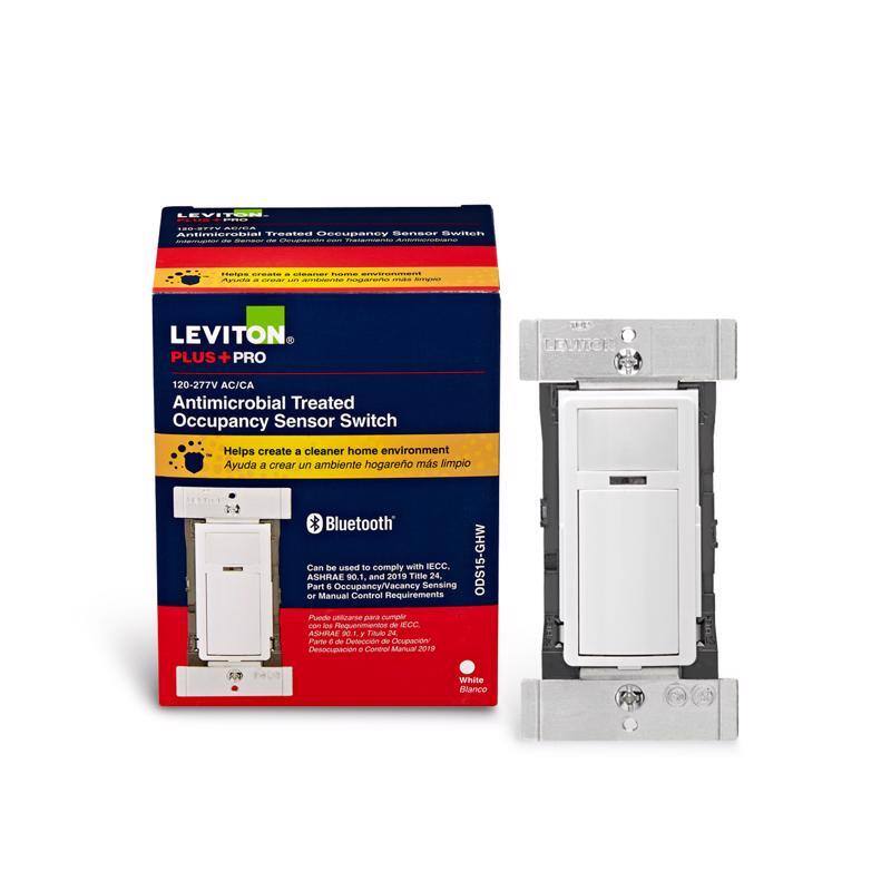 LEVITON Antimicrobial Treated Occupancy Sensor Switch  
LEVITON PLUS PRO  
120-277V AC/CA  

Helps create a cleaner home environment  
Ayuda a crear un ambiente hogareño más limpio  

Bluetooth  
Can be used to comply with IECC, ASHRAE 90.1, and 2019 Title 24 Part 6 Occupancy/Vacancy Sensing or Manual Control Requirements  
Puede usarse para cumplir con los requisitos de detección de ocupación/desocupación o control manual de IECC, ASHRAE 90.1 y 2019 Título 24, Parte 6  

White  
Blanco  

ODS15-GHW