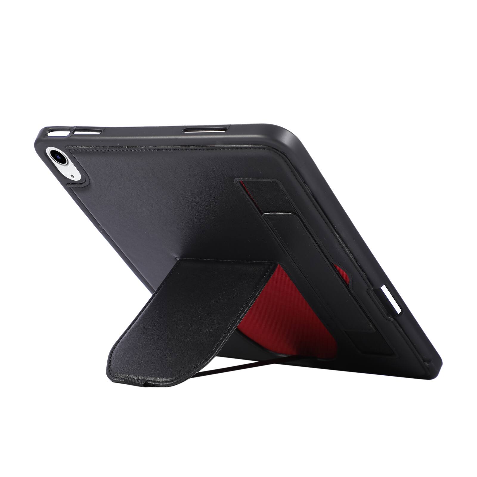 Angle. Dteck - Shockproof Case for Apple iPad (A16) 11" 2025 with Hand Strap and Foldable Kickstand, PU Leather TPU Protective Cover - Black.