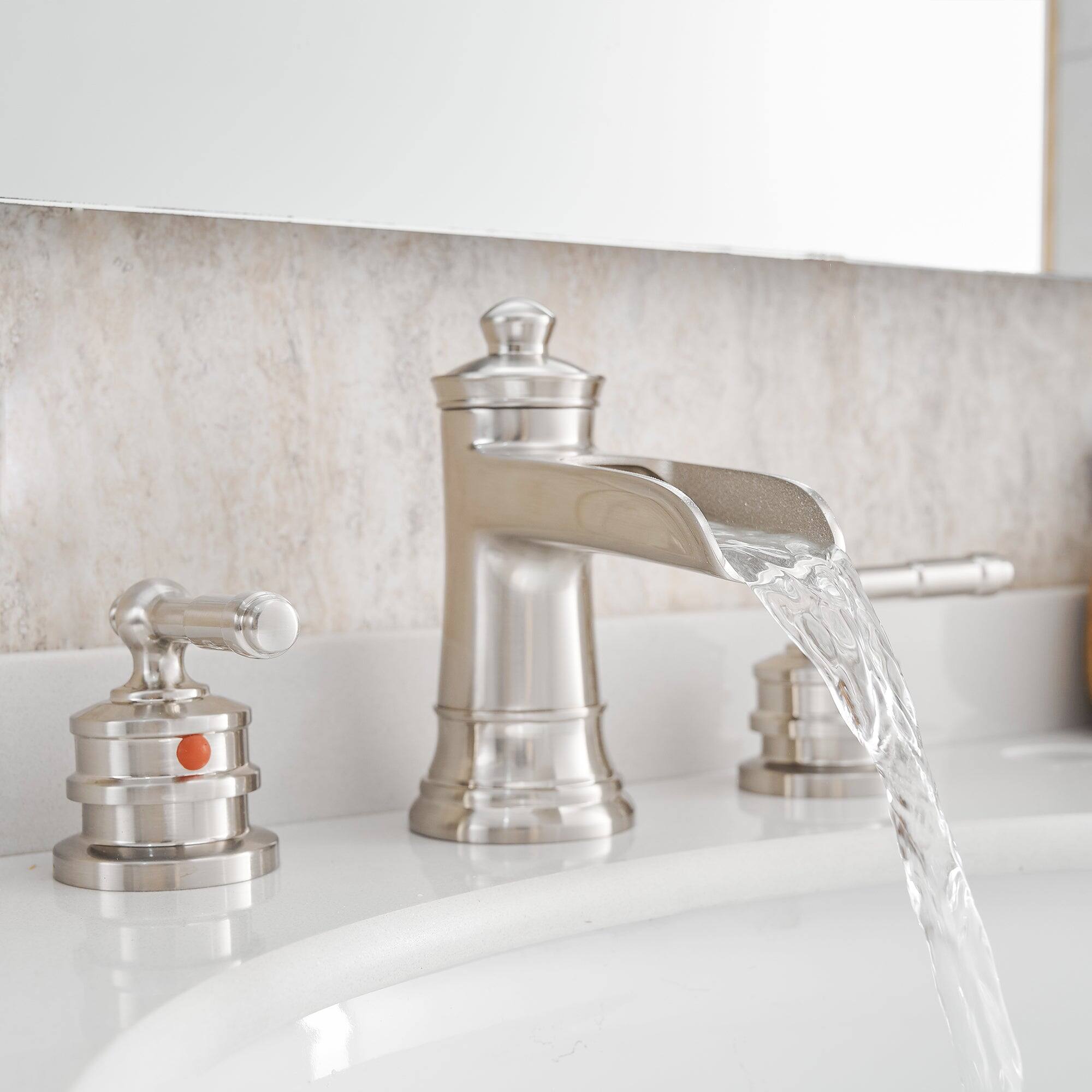 Left. Boyel Living - Classic 8 Inch Widespread Double Handle Brass Bathroom Faucet with Pop Up Drain and Water Supply Hoses in Brushed Nickel - Brushed Nickel.