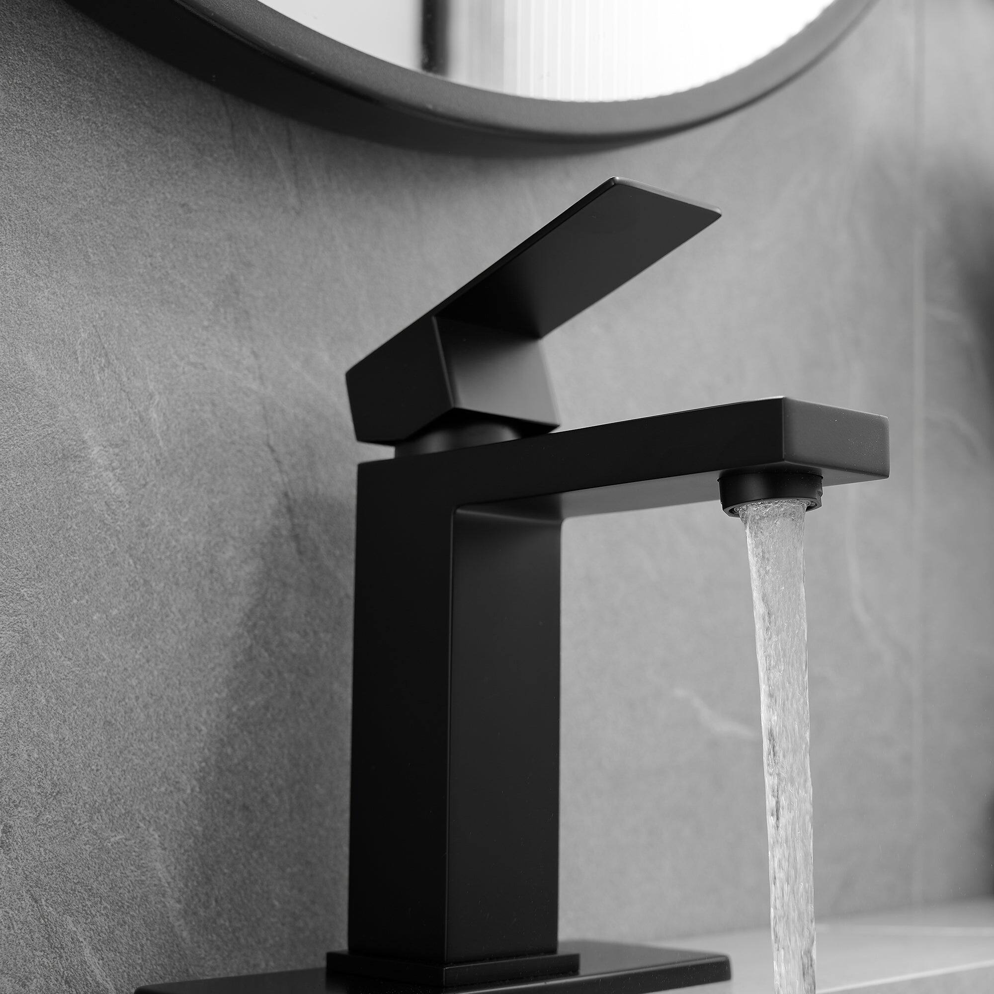 Angle. Boyel Living - Single Handle Single Hole Bathroom Faucet Matte Black with Deck Plate Pop Up Drain and Water Supply Hoses - Matte Black.