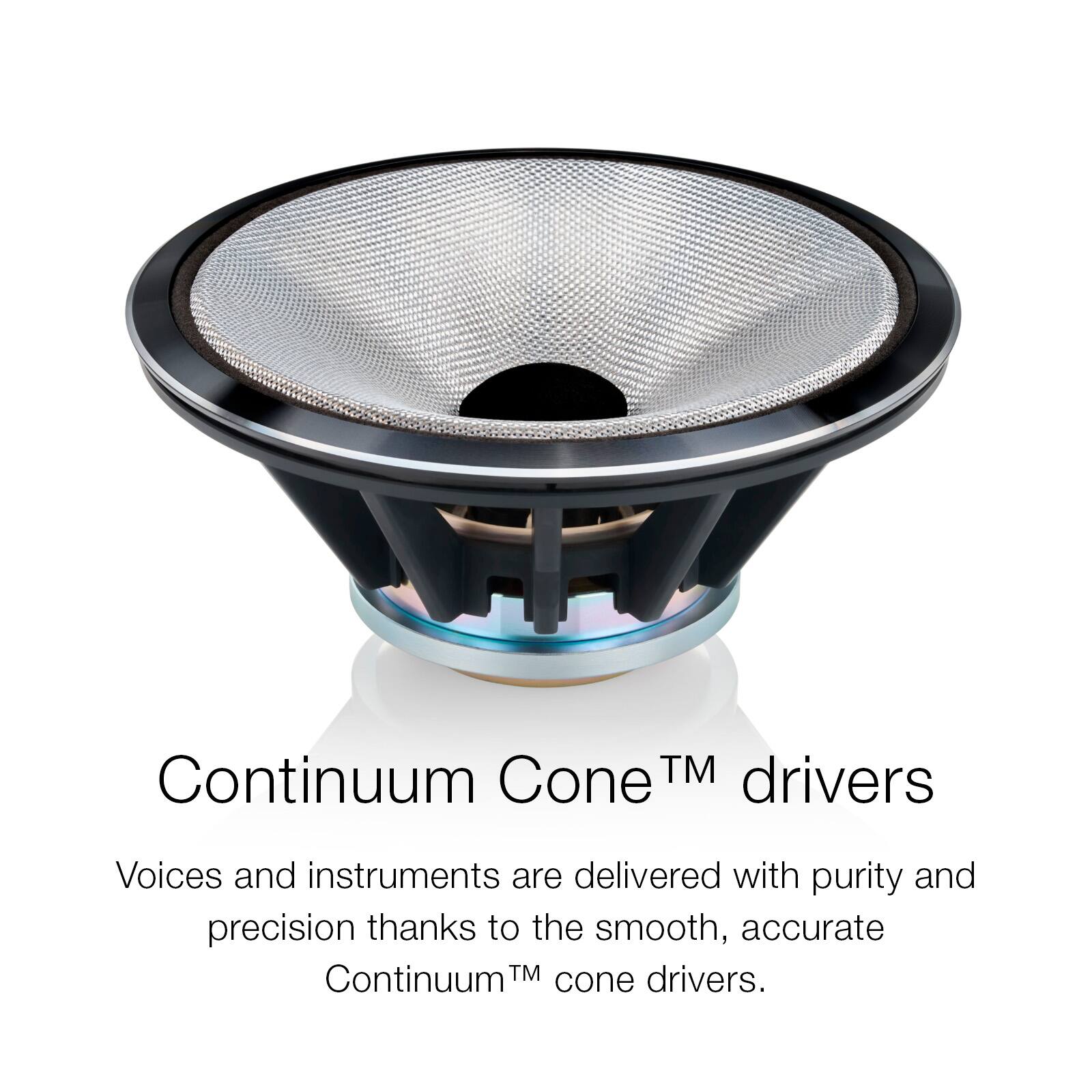 Continuum Cone™ drivers  
Voices and instruments are delivered with purity and precision thanks to the smooth, accurate Continuum™ cone drivers.