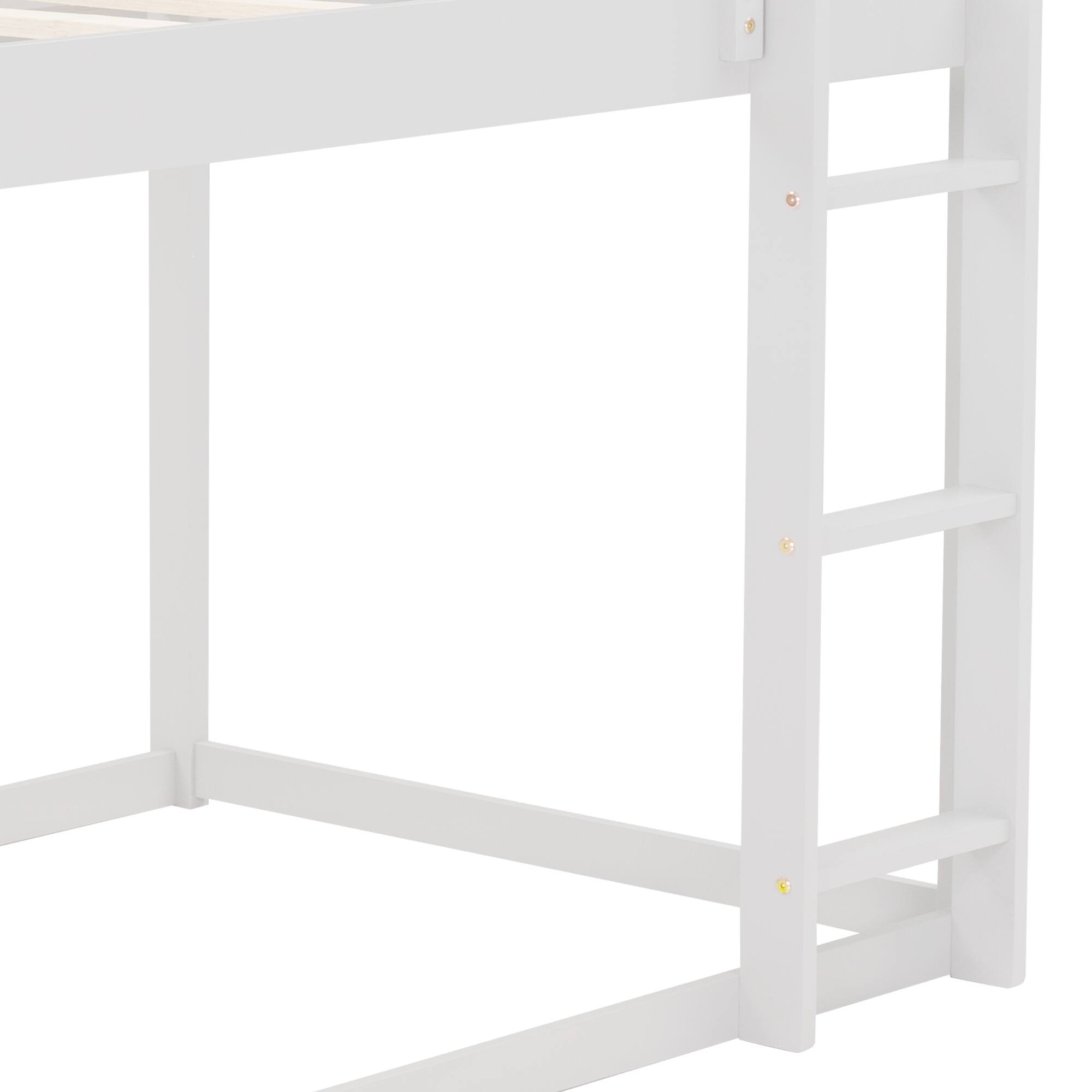 Alt View 4. Aukfa - Twin over Twin Low Bunk Bed, House Bed with Ladder - White.