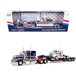 First Gear - Kenworth W900L w/72" Aerocab Sleeper Blue w/White & Trailer w/W900A Load White w/Blue & Red 1/64 Model by DCP/First Gear