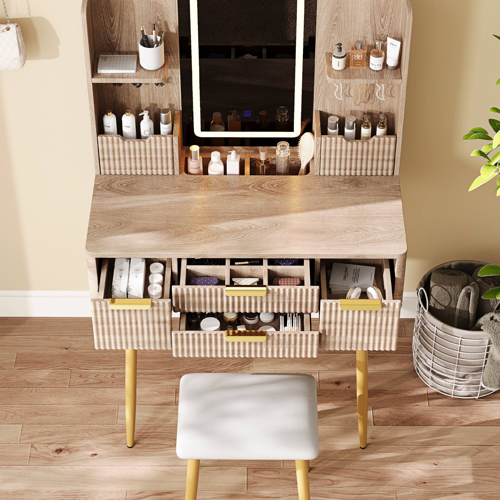 Alt View 5. GOODSILO - Elegant Fluted Vanity Desk with LED Mirror and Jewelry Storage, Modern Dressing Table with Comfortable Stool - Yellow Brown.