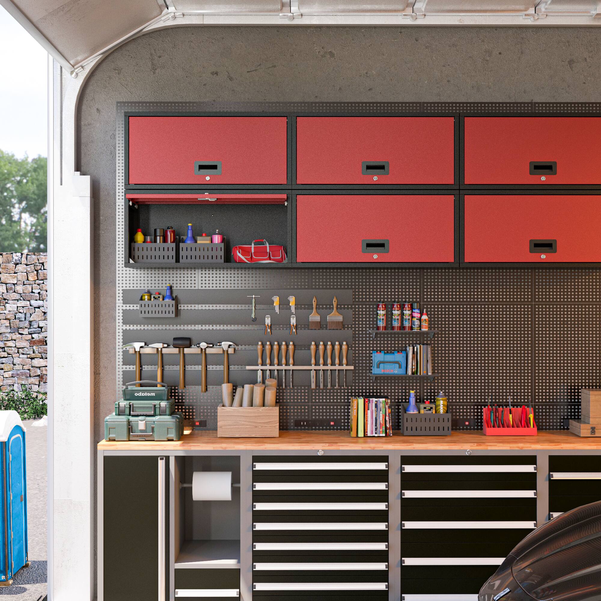 Back. TinyHomie - TinyHomie Wall-mounted Metal Garage Cabinet with Doors, Floating Tool Cabinet for Kitchen, Basement, Warehouse in Red - Red+Black.
