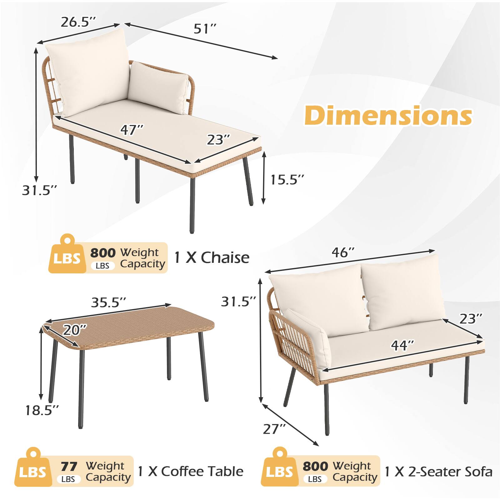 Dimensions:  
- 26.5" x 51" x 31.5" x 47" x 23" x 15.5"  
- 46" x 35.5" x 31.5" x 44" x 23" x 18.5" x 27"  

Weight:  
- 800 LBS Capacity  
- 77 LBS Capacity  
- 800 LBS Capacity  

1 X Chaise  
1 X Coffee Table  
1 X 2-Seater Sofa