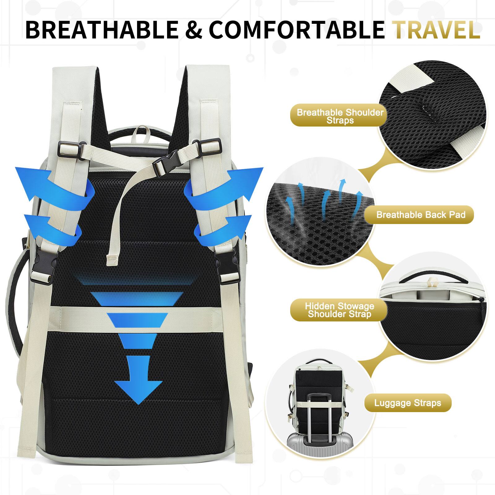 BREATHABLE & COMFORTABLE TRAVEL

- Breathable Shoulder Straps
- Breathable Back Pad
- Hidden Stowage Shoulder Strap
- Luggage Straps