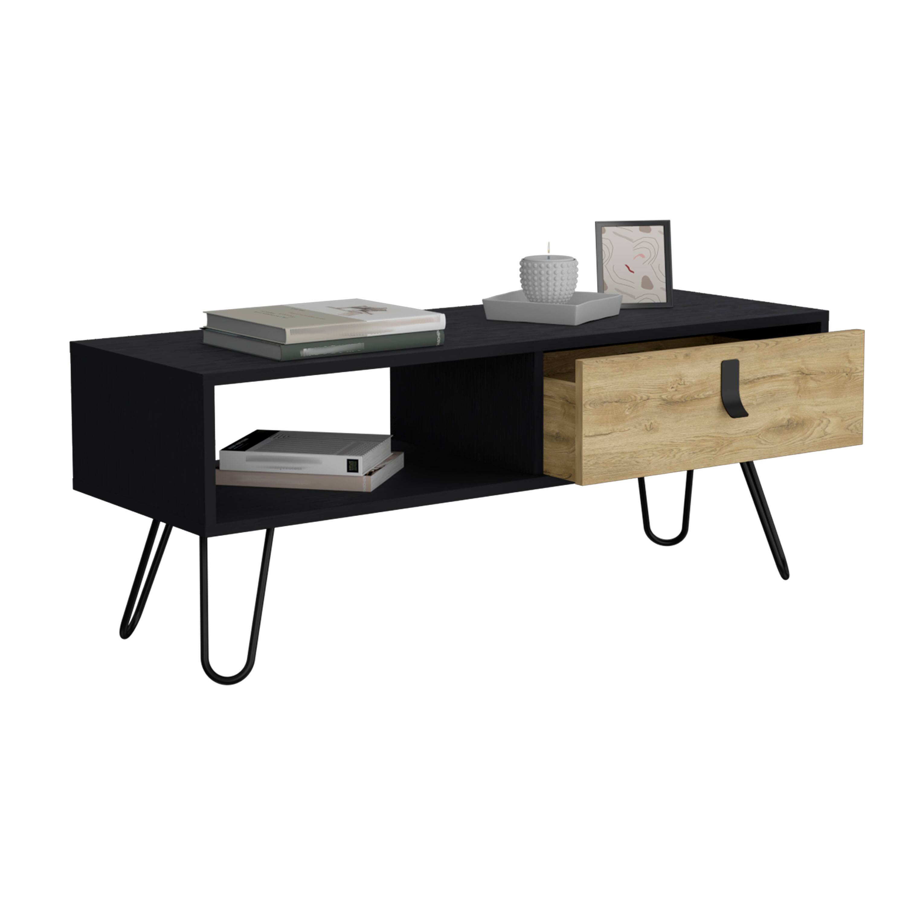 Back. TuHome - Huna Coffee Table With Hairpin Legs And Ample Storage Drawer - Black / Macadamia.