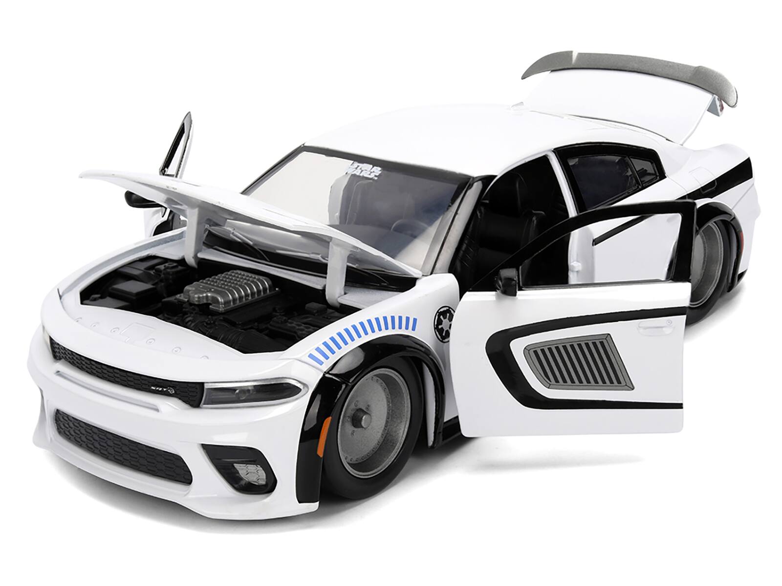 Angle. Jada - 2021 Dodge Charger SRT Hellcat White Graphics Stormtrooper Figure Star Wars Franchise Hollywood Rides 1/24 - White.