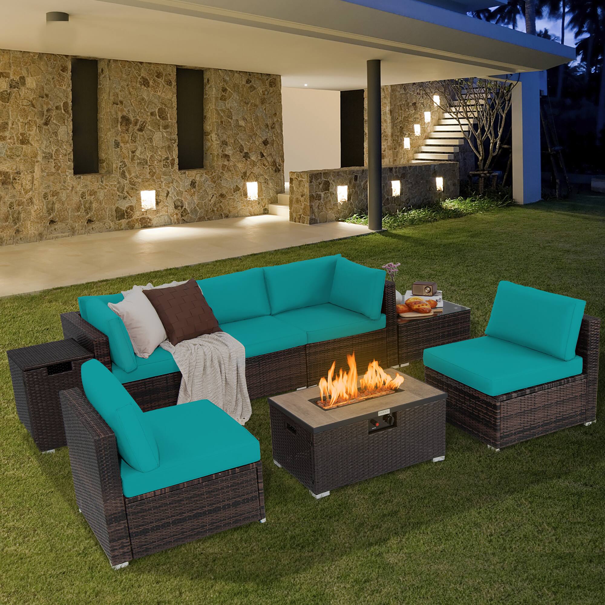 Alt View 1. Costway - Costway 8PCS Patio Rattan Furniture Set Fire Pit Table Tank Holder Cover Deck - Mix Brown,Turquoise.