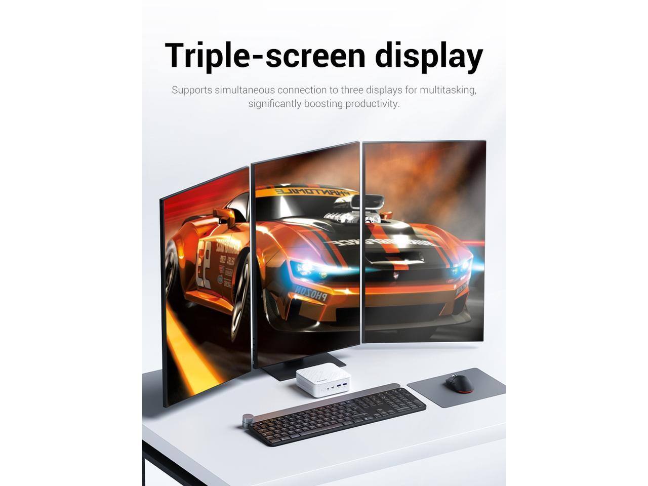 Triple-screen display  
Supports simultaneous connection to three displays for multitasking, significantly boosting productivity.