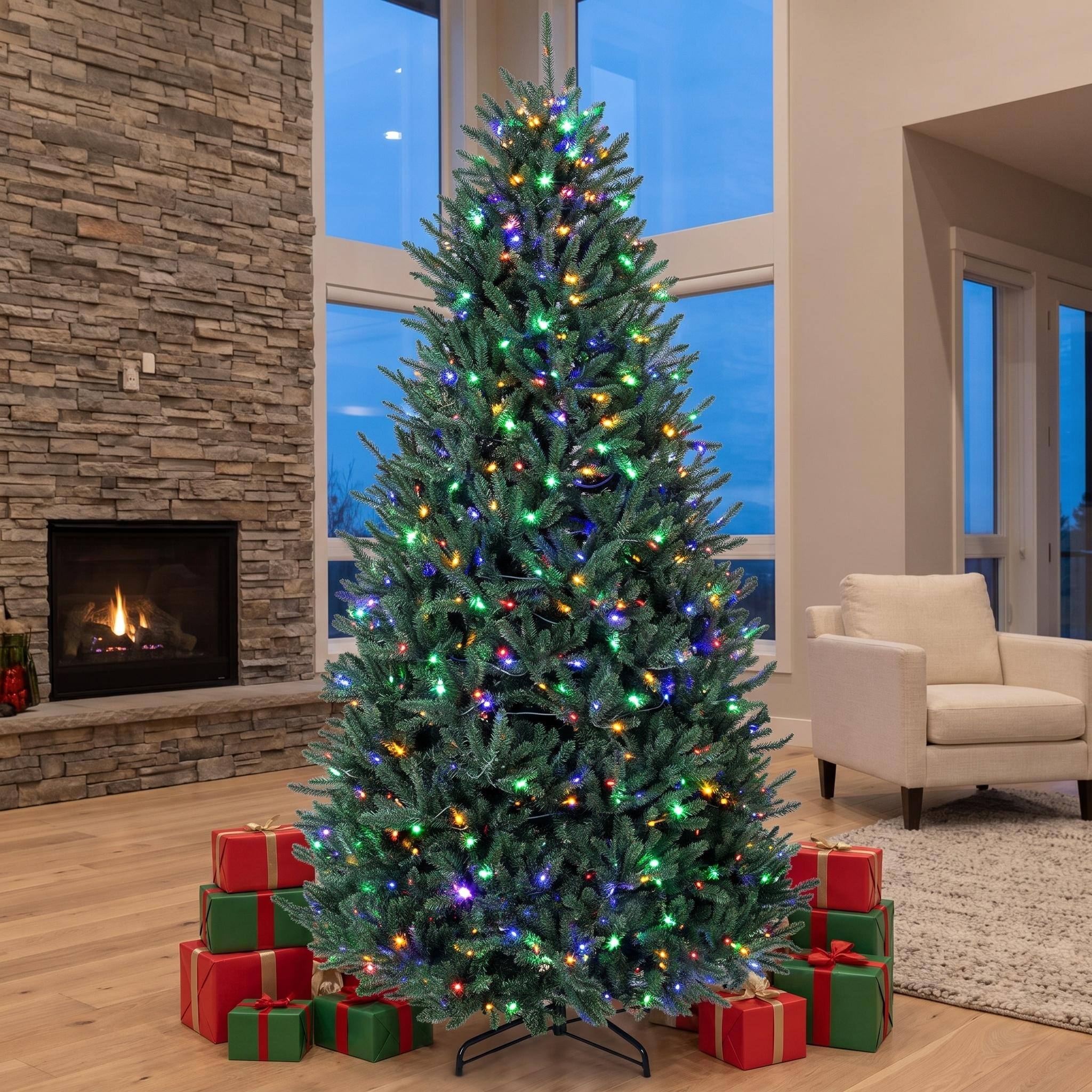 Angle. Forest'nSky - 9 ft. Prelit Colorado Blue Spruce Artificial Christmas Tree with 880 Warm White and Multicolor LED Lights - Green.