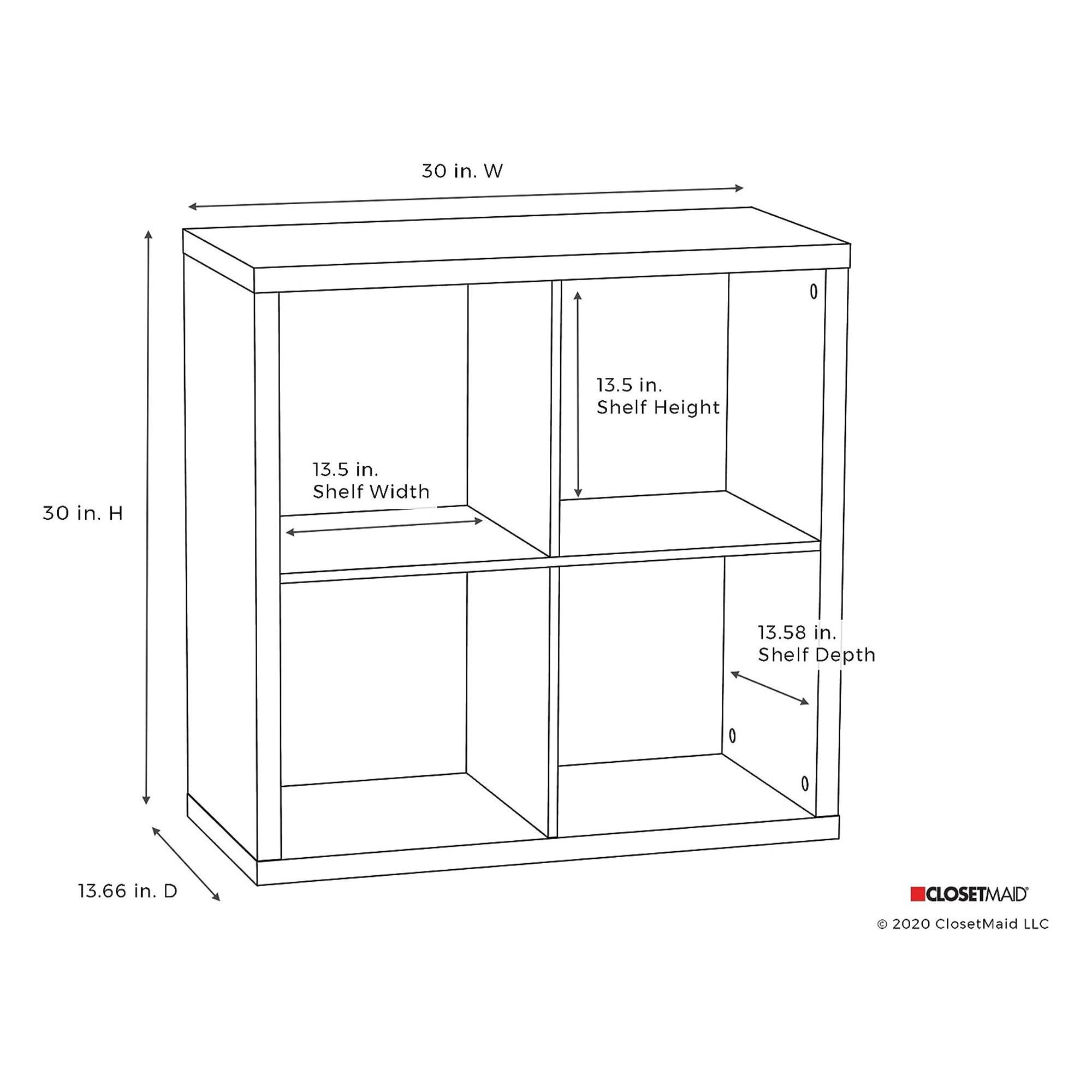30 in. W  
30 in. H  
13.5 in. Shelf Width  
13.5 in. Shelf Height  
13.58 in. Shelf Depth  
13.66 in. D  

CLOSETMAID  
© 2020 ClosetMaid LLC
