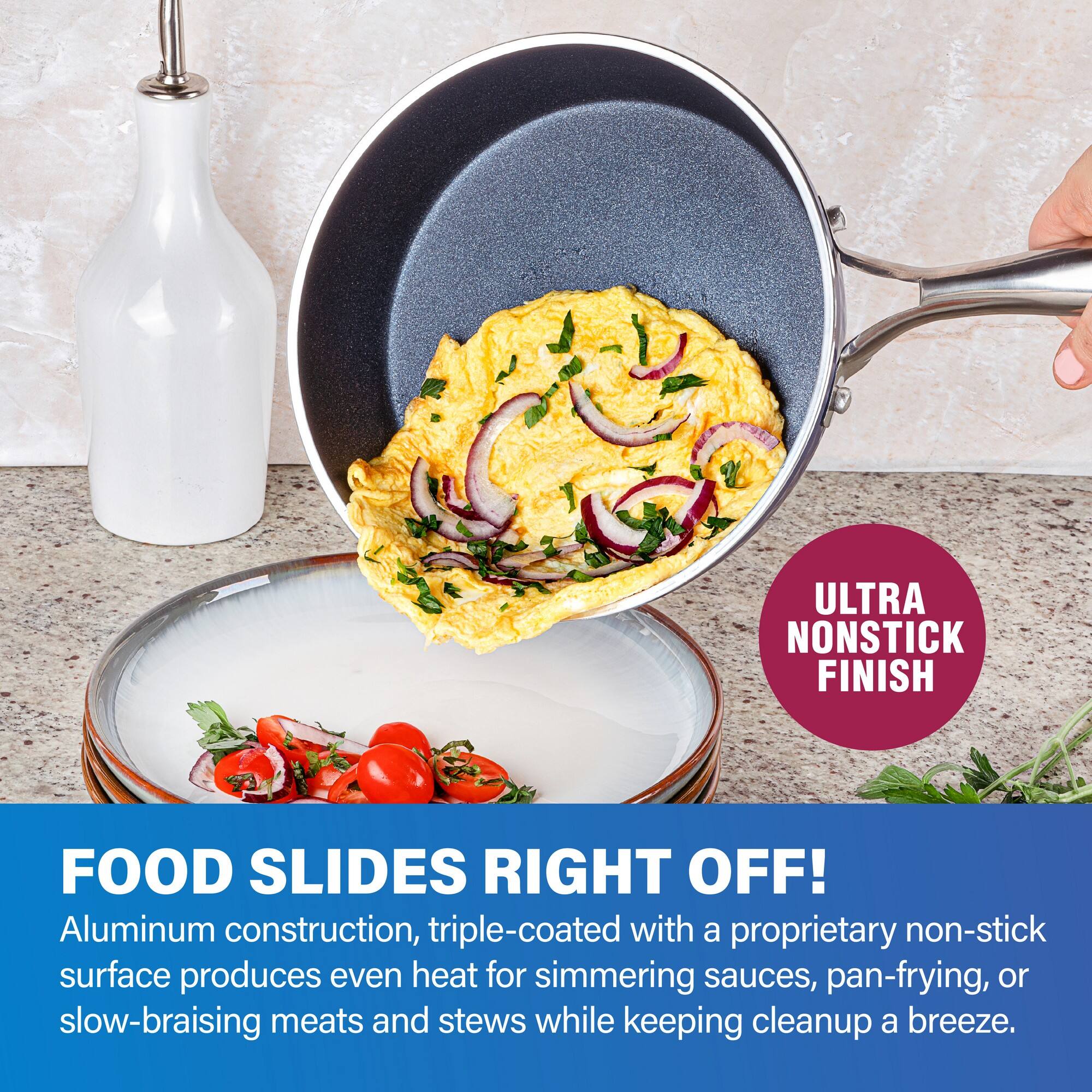 FOOD SLIDES RIGHT OFF! ULTRA NONSTICK FINISH! Aluminum construction, triple-coated with a proprietary non-stick surface produces even heat for simmering sauces, pan-frying, or slow-braising meats and stews while keeping cleanup a breeze.
