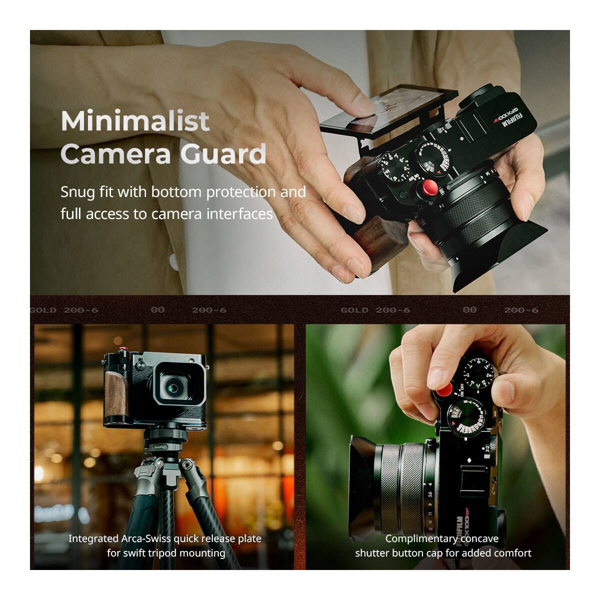Minimalist Camera Guard  
Snug fit with bottom protection and full access to camera interfaces  

Integrated Arca-Swiss quick release plate for swift tripod mounting  

Complimentary concave shutter button cap for added comfort