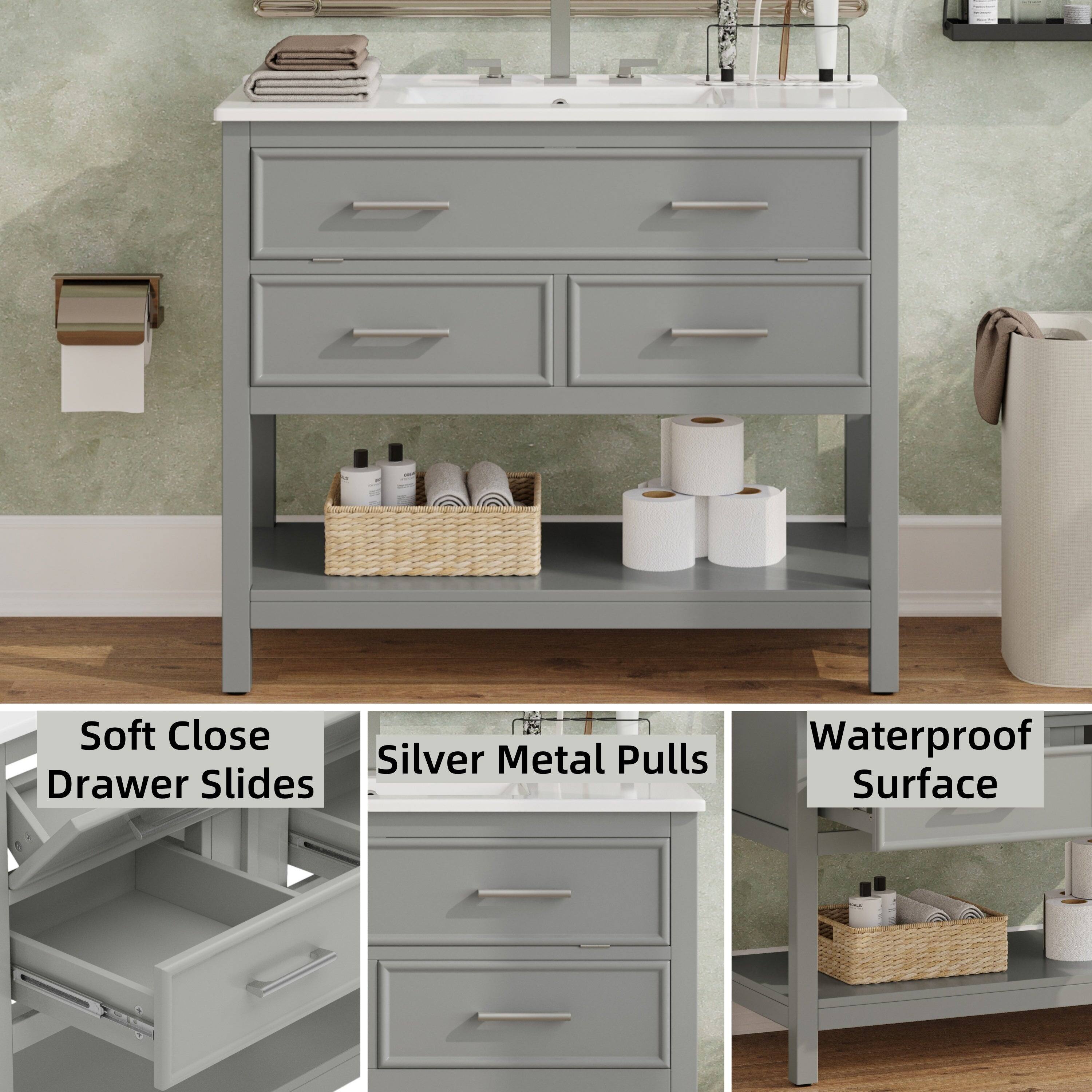 - Soft Close Drawer Slides
- Silver Metal Pulls
- Waterproof Surface