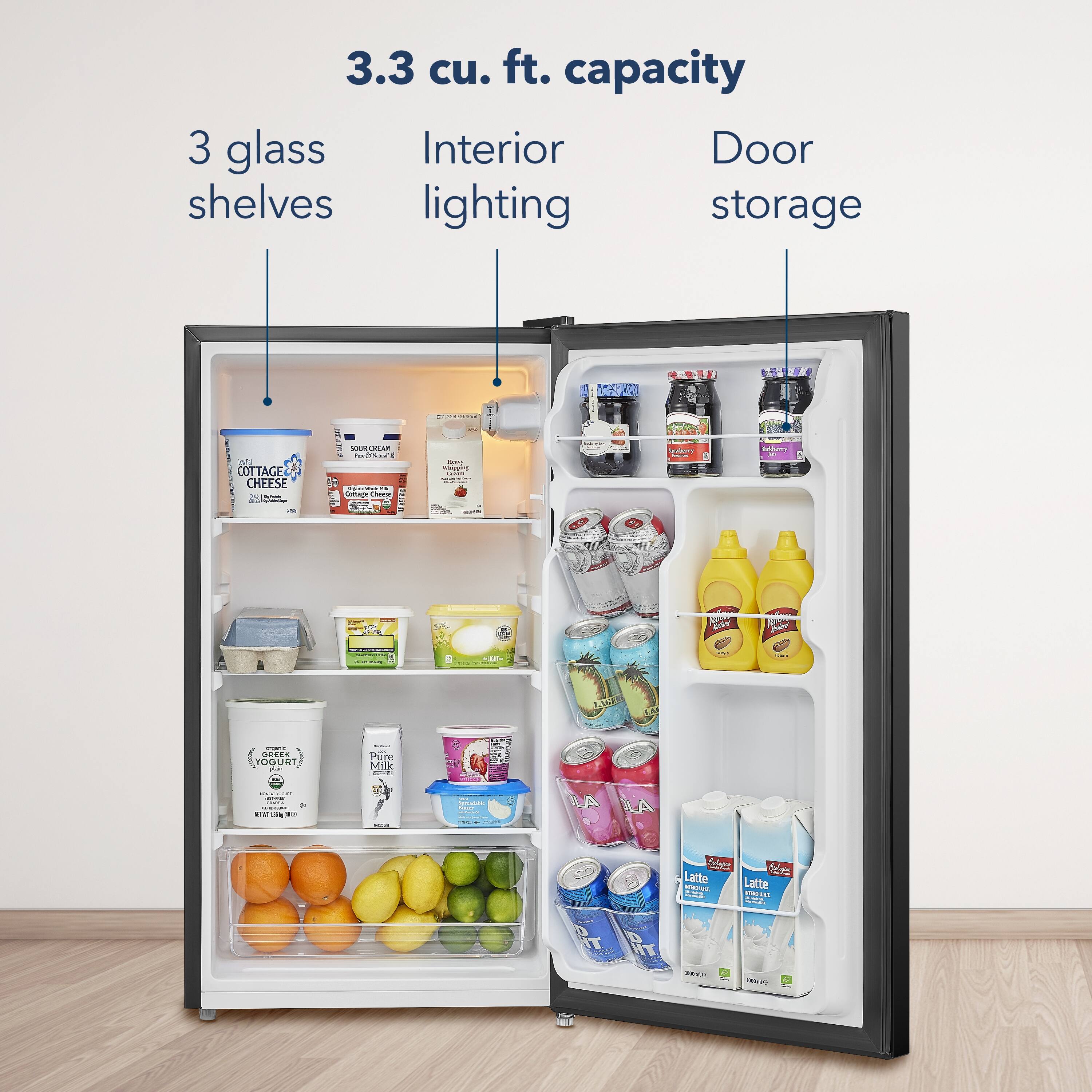 3.3 cu. ft. capacity

3 glass shelves

Interior lighting

Door storage