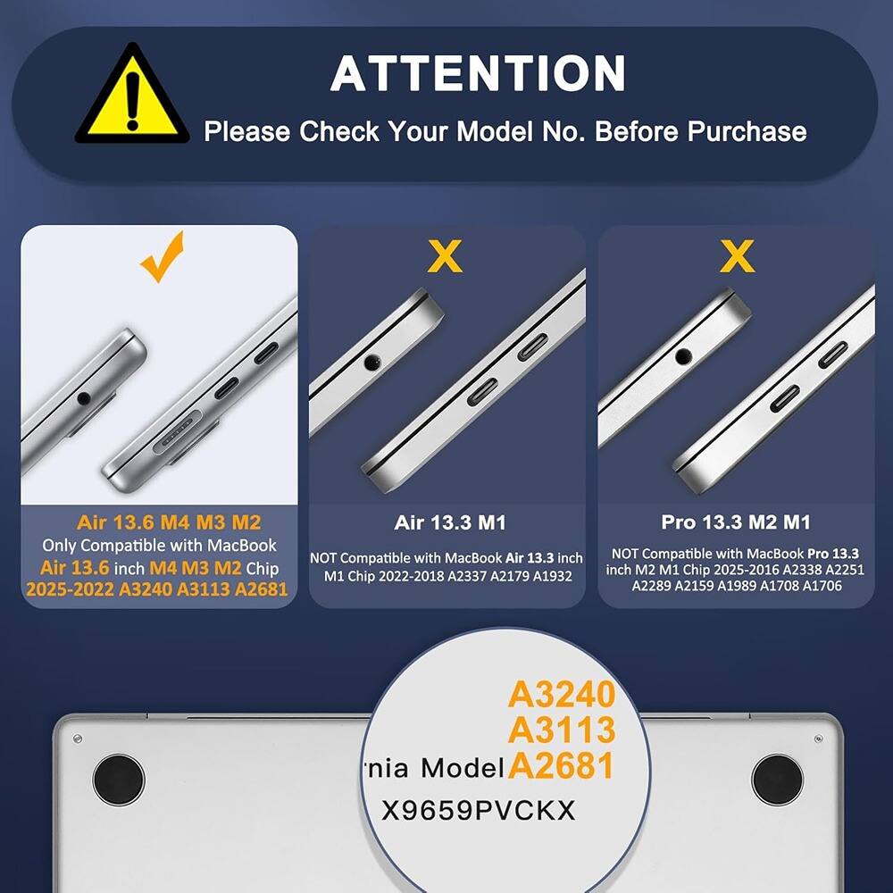 **ATTENTION**  
Please Check Your Model No. Before Purchase

- **Air 13.6 M4 M3 M2**  
  Only Compatible with MacBook Air 13.6 inch M4 M3 M2 Chip  
  2025-2022 A3240 A3113 A2681

- **Air 13.3 M1**  
  NOT Compatible with MacBook Air 13.3 inch M1 Chip 2022-2018 A2337 A2179 A1932

- **Pro 13.3 M2 M1**  
  NOT Compatible with MacBook Pro 13.3 inch M2 M1 Chip 2025-2016 A2338 A2251 A2289 A2159 A1989 A1708 A1706

**A3240 A3113 A2681**  
**nia Model X9659PVCKX**