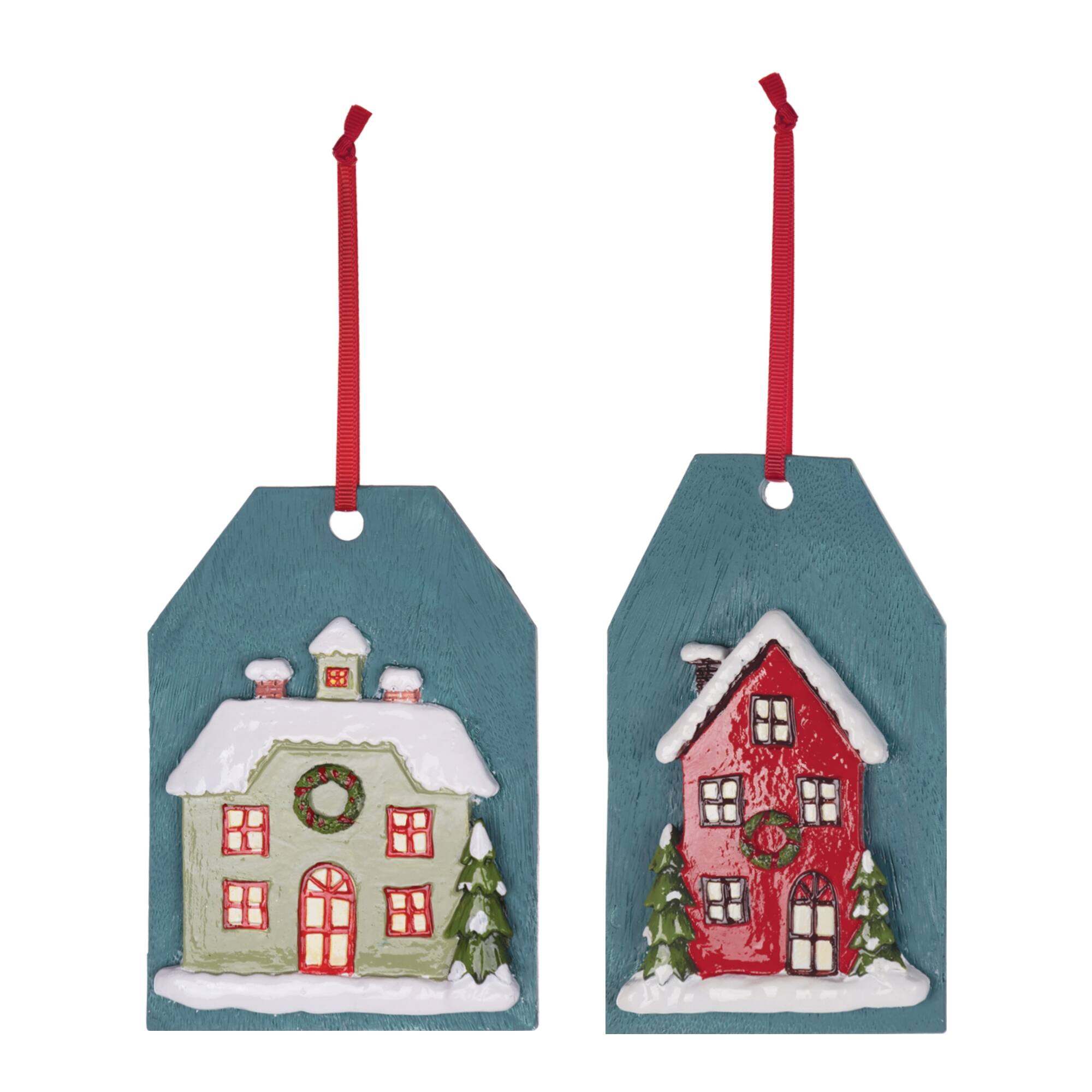 Angle. BreeBe - Winter House Tag Ornament (Set of 6) - Red, Blue.