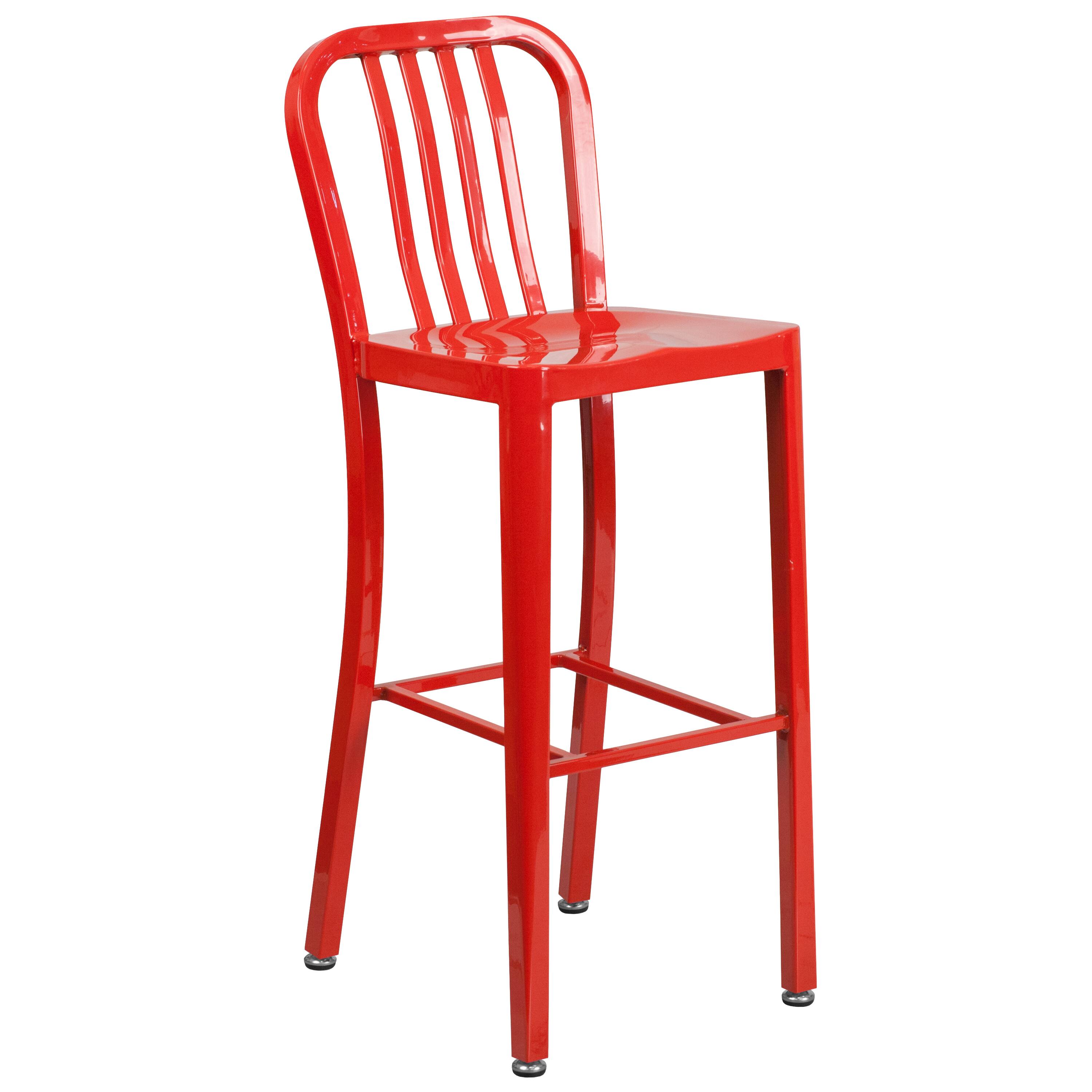 Alt View 4. Emma + Oliver - Commercial 30" Round Metal Indoor-Outdoor Bar Table Set & 4 Slat Back Stools - Red.