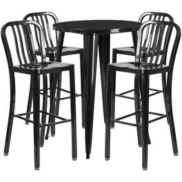 Emma + Oliver - Commercial 30" Round Metal Indoor-Outdoor Bar Table Set & 4 Slat Back Stools - Black