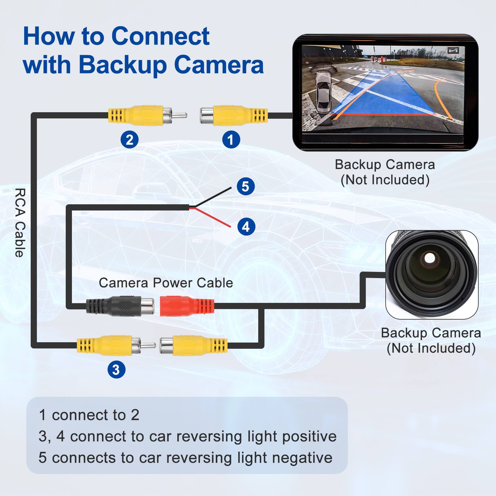 How to Connect with Backup Camera

1. RCA Cable
2. Camera Power Cable
3. Backup Camera (Not Included)
4. Backup Camera (Not Included)

1 connect to 2
3, 4 connect to car reversing light positive
5 connects to car reversing light negative