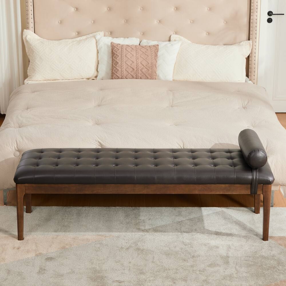 Back. Ropilly - Ropilly 66 Inch Upholstered End of Bed Bench, Faux Leather Tufted Entryway Shoe Bench with Headrest, Coffee - Coffee.