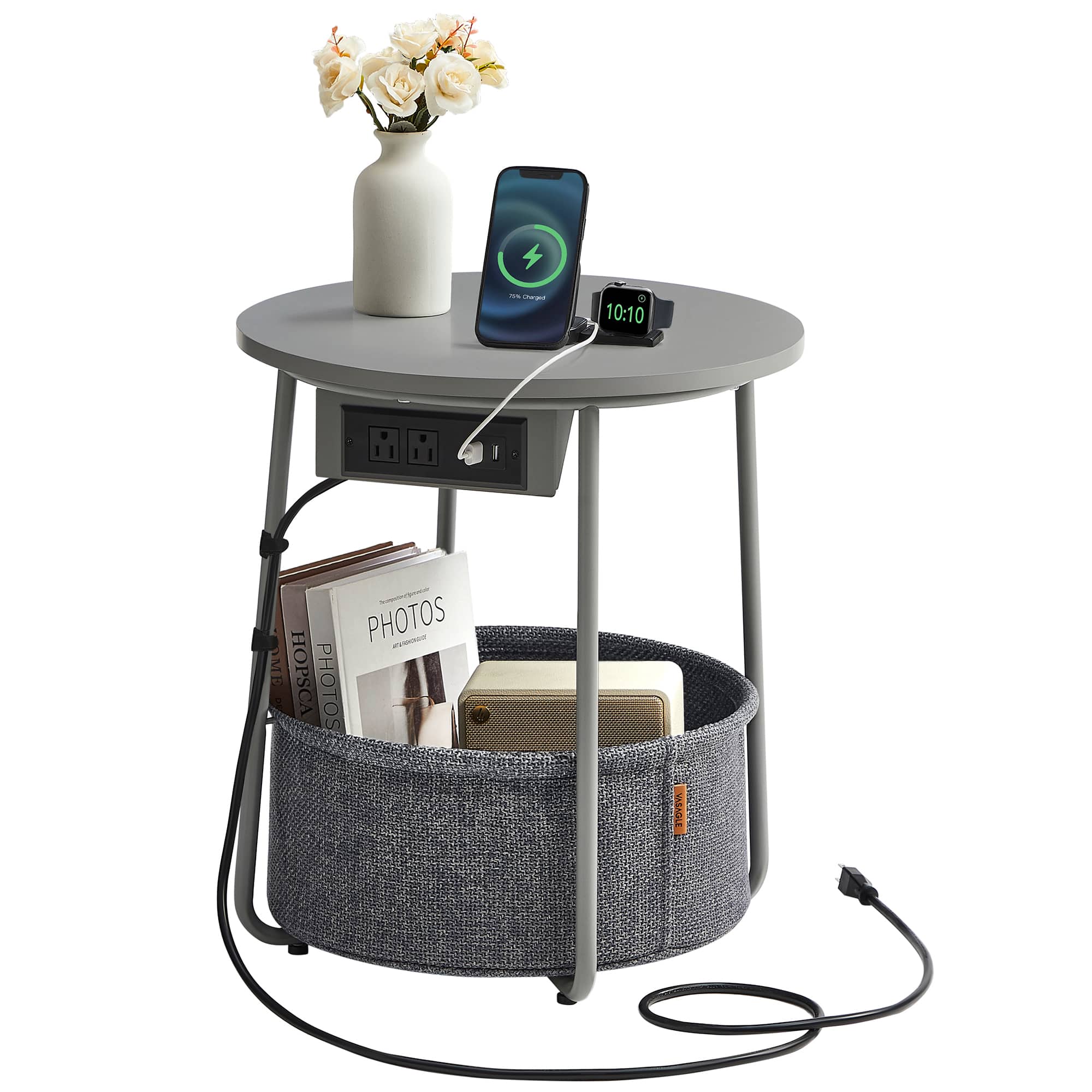 Songmics Home - LILEA Collection - Side Table with Charging Station, Round End Table with Fabric Basket, Nightstand with USB Ports - Dove Gray and Slate Gray
