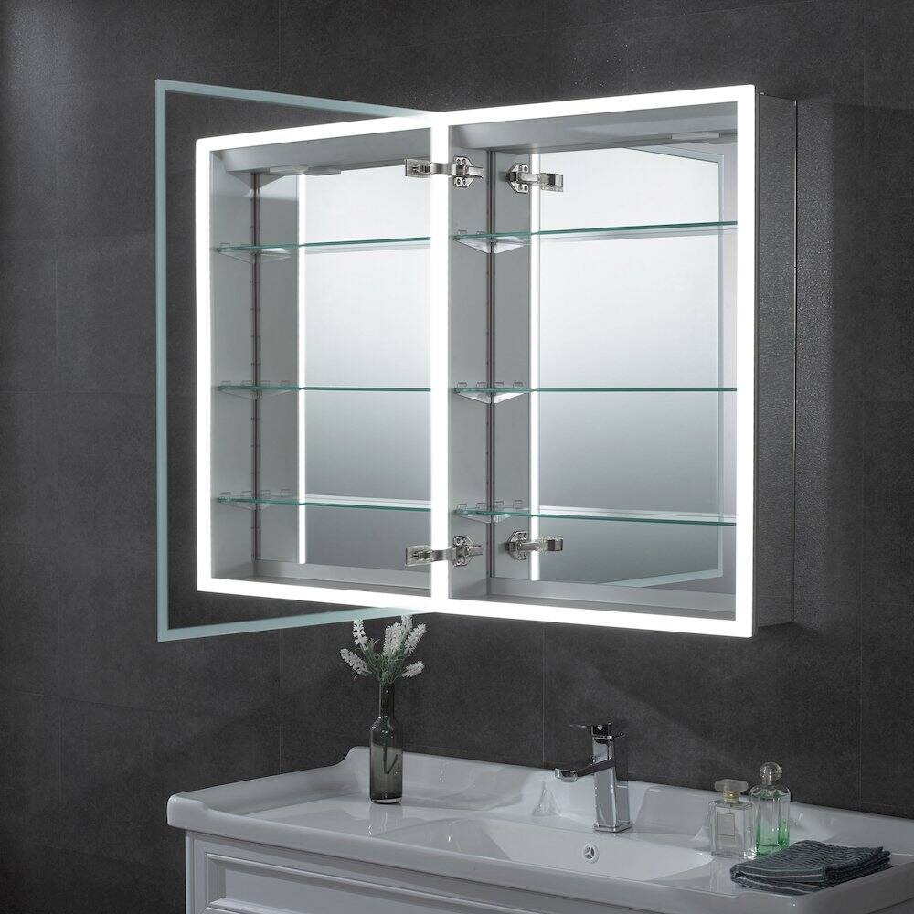 Angle. Alfi - 24" x 32" Single Door LED Light Medicine Cabinet - Gray.