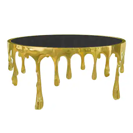Front. Manhattan Lane - Capri Coffee Table | 36 Inch Round Glass Top | Melting Drip Design - Gold, Black.