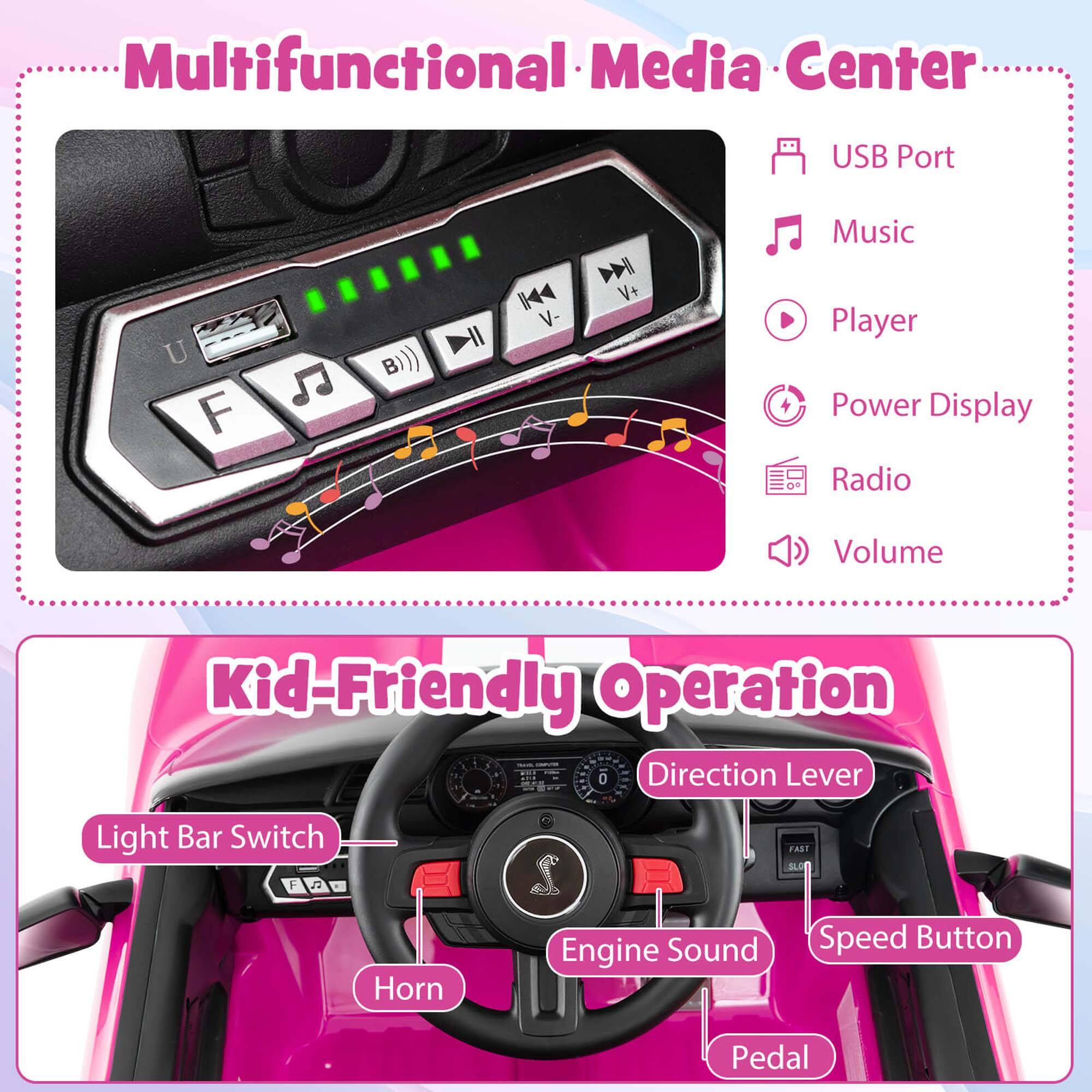 Multifunctional Media Center

- USB Port
- Music
- Player
- Power Display
- Radio
- Volume

Kid-Friendly Operation

- Light Bar Switch
- Direction Lever
- Engine Sound
- Speed Button
- Pedal
- Horn