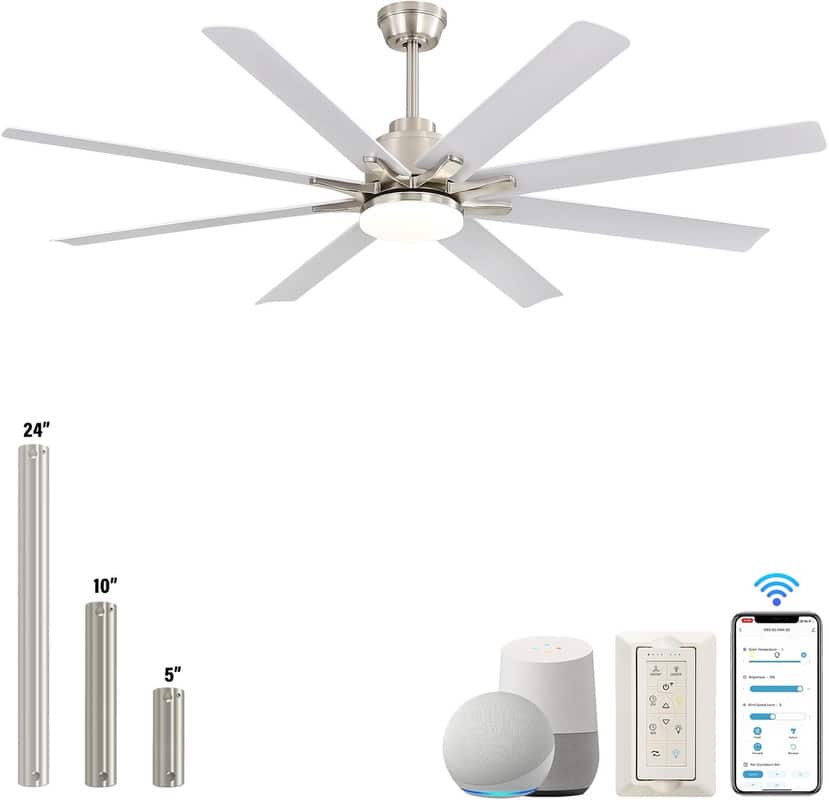 Sofucor - 66" Windmill Smart APP Ceiling Fan with Lights and Remote 3 Downrod Indoor Farmhouse Ceiling Fans for Kitchen Bedroom - Nickel White