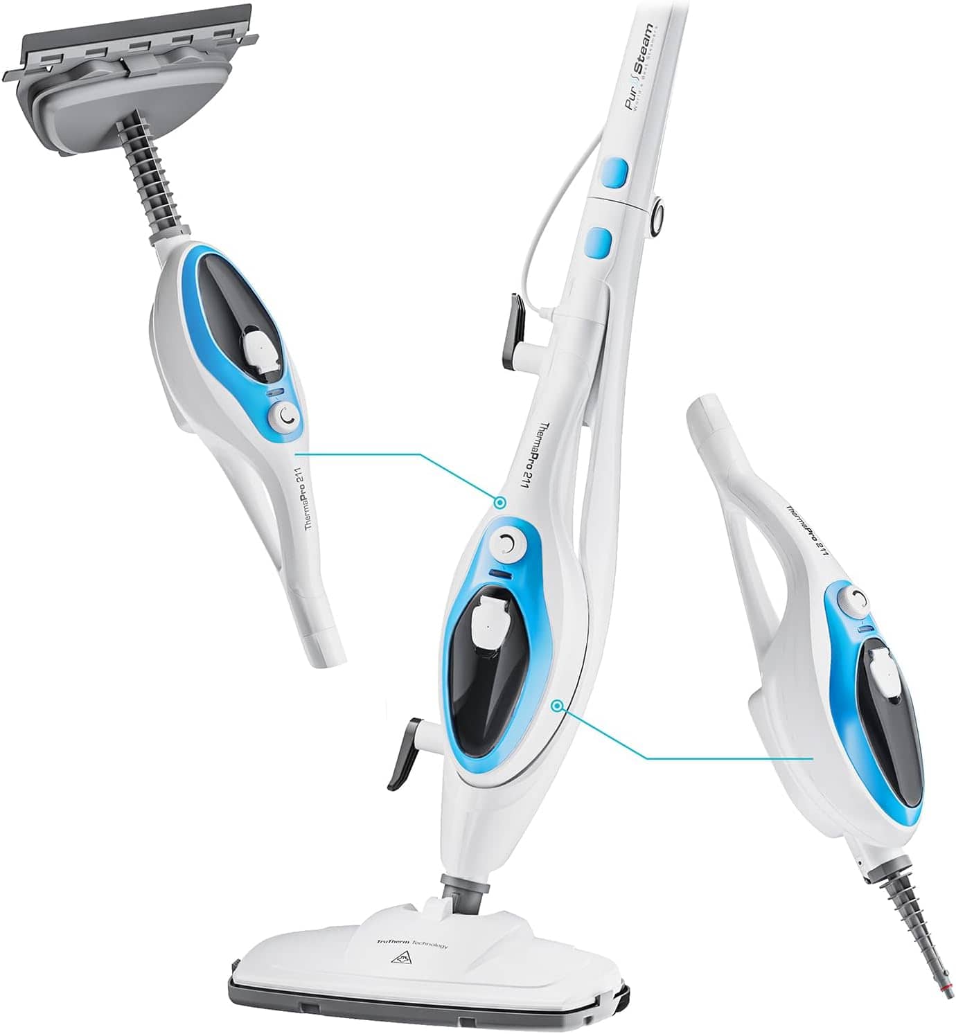 PurSteam - 10-in-1 Steam Mop, Floor Steamer with Detachable Handheld Steam Cleaner for Tile, Hardwood Floors - White