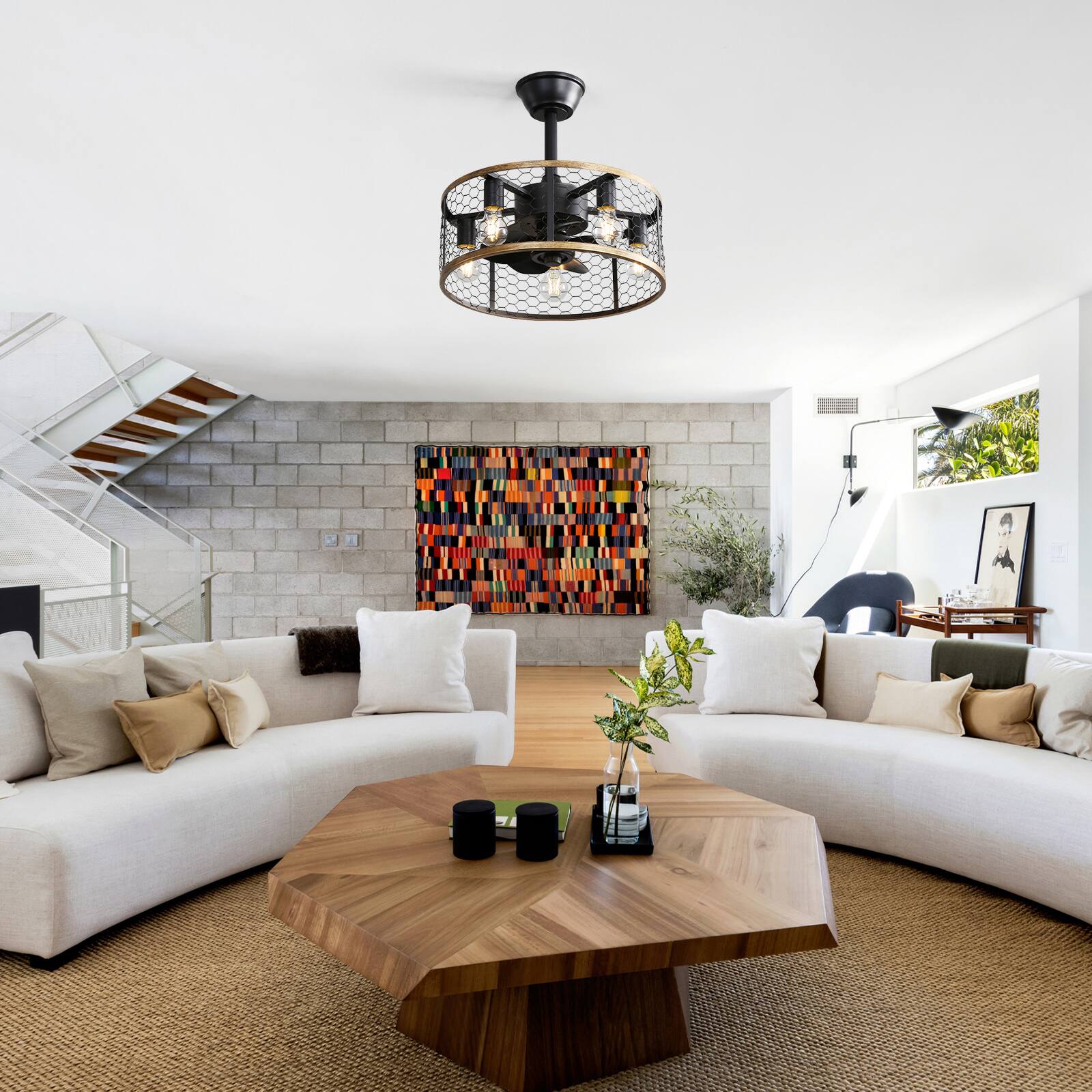 Alt View 5. Sofucor - 20'' Rustic Fandelier Low Profile Caged Ceiling Fans with Light and Remote Indoor Downrod Bladeless Ceiling Fans - Black.