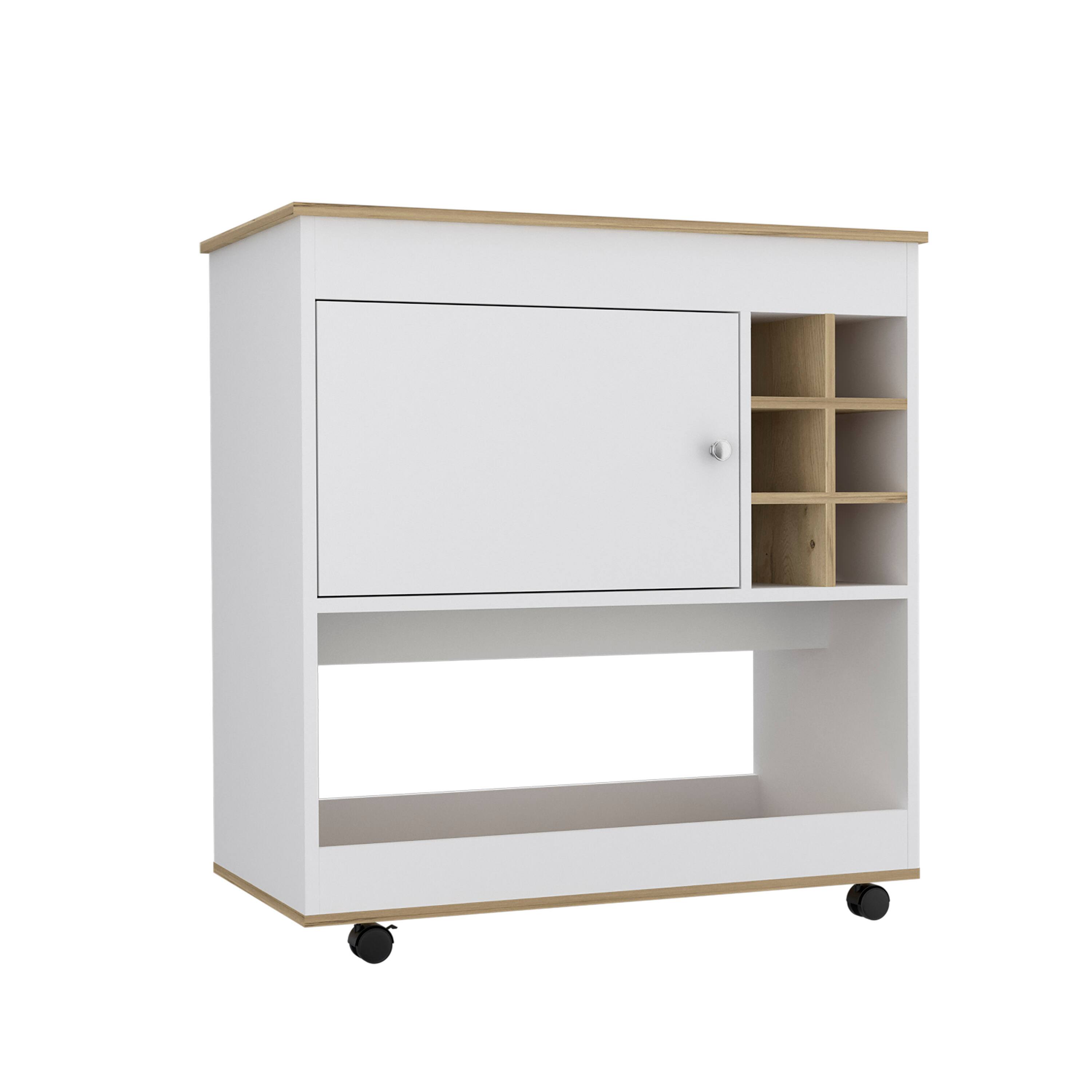 TuHome - Camelia Bar Cart, Lower Panel, Six Bottle Cubbies, One Cabinet, Living Room or Bar Room - Light Oak / White