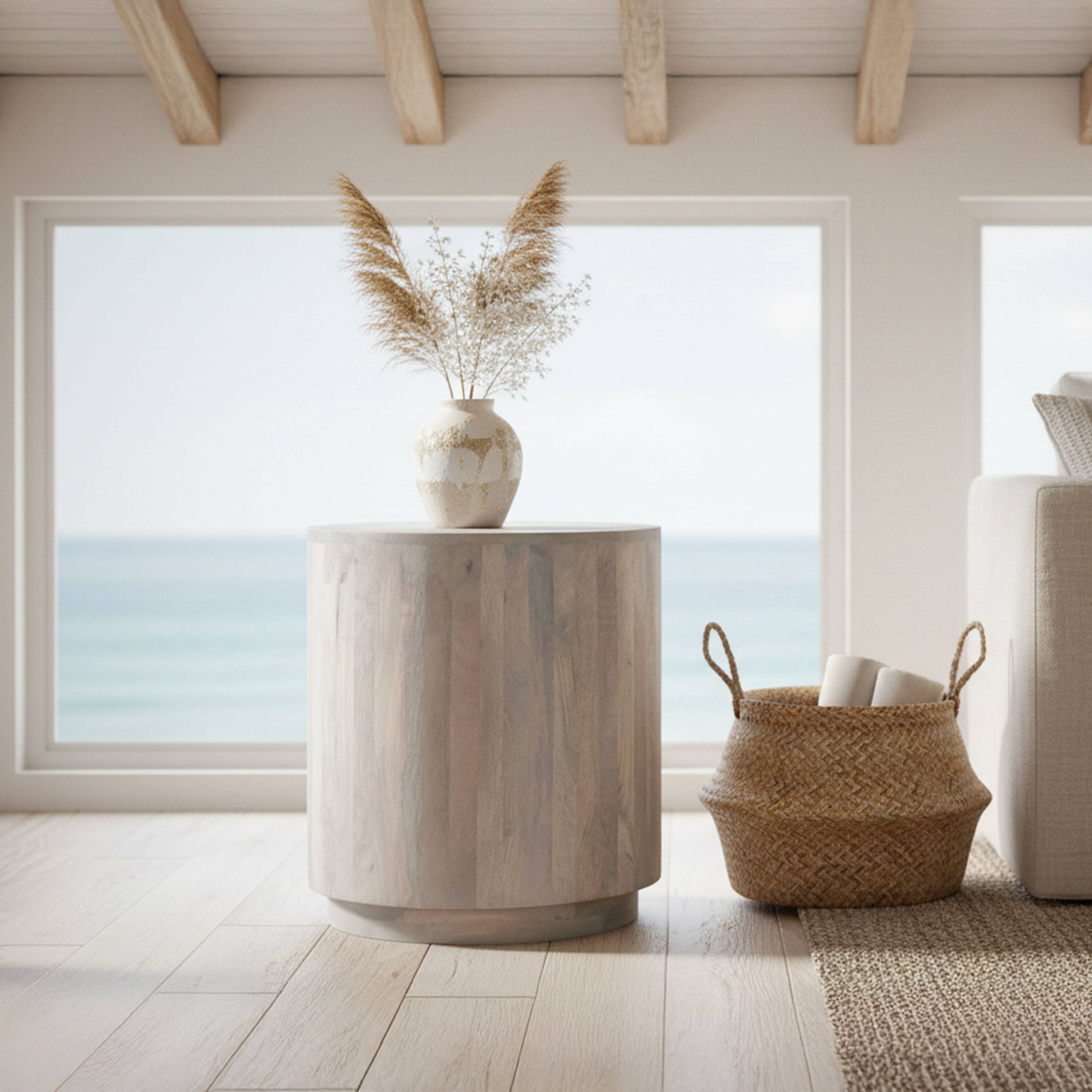 Alt View 6. Manhattan Lane - Febe Side End Accent Table, 20 Inch Round Top, Cylindrical Plinth Base, Oak White Mango Wood - Oak White.