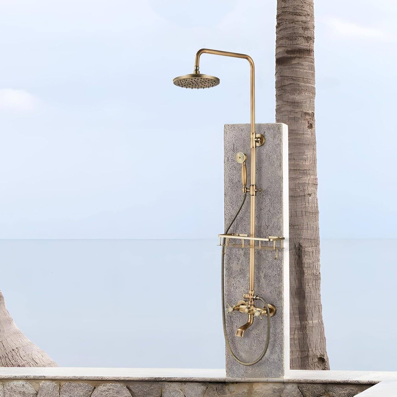 Back. Dazzed Corner - Antique Brass Shower Set - 8” Rainfall Head - Antique Brass.