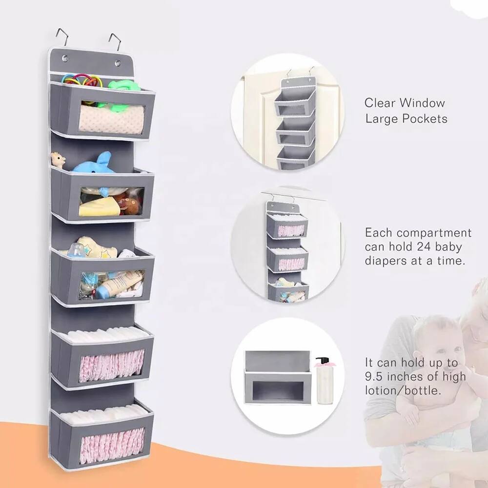 Clear Window  
Large Pockets  

Each compartment can hold 24 baby diapers at a time.  

It can hold up to 9.5 inches of high lotion/bottle.