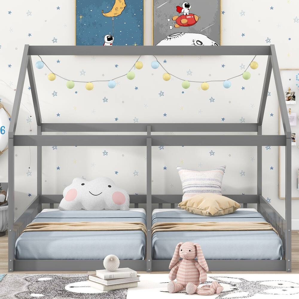 Left. Loheer - Loheer Twin House Platform Bed Two Shared Beds Gray Kids Bed - Gray.