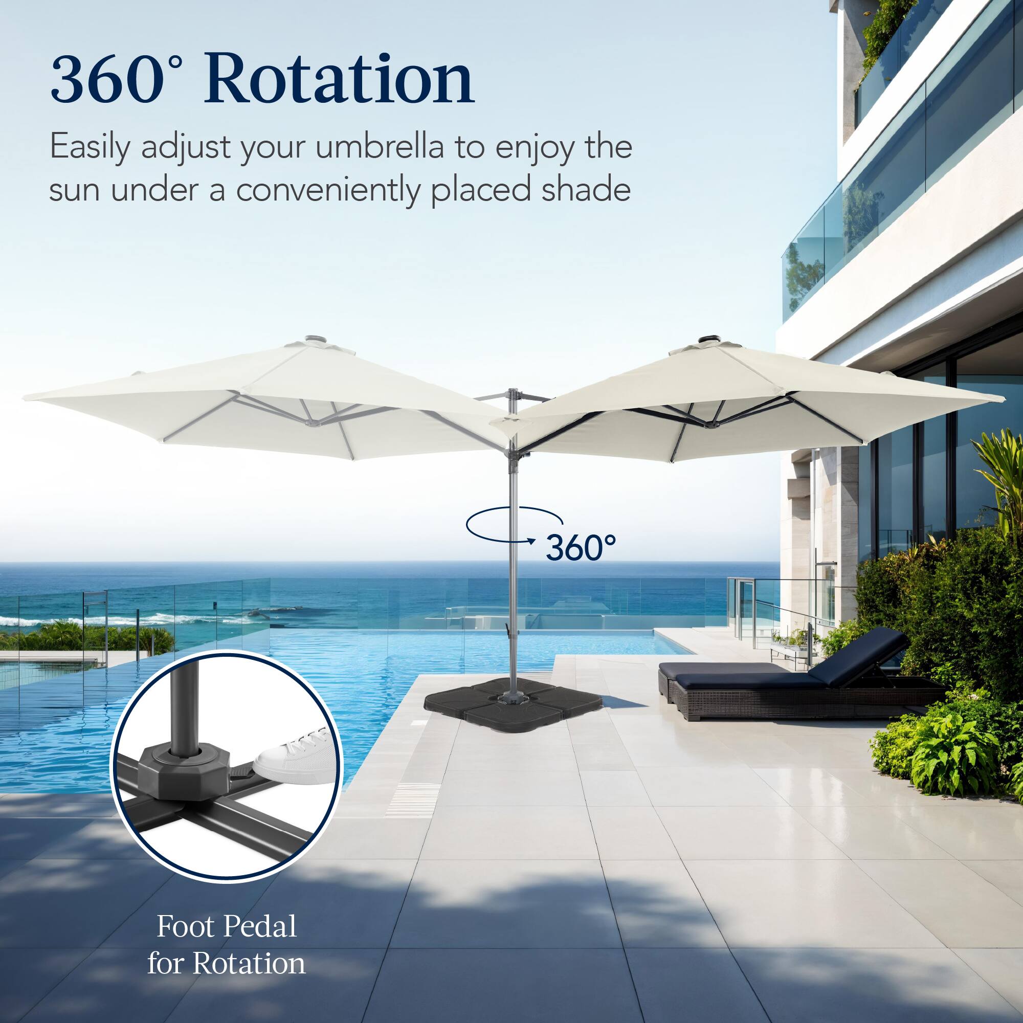 360° Rotation

Easily adjust your umbrella to enjoy the sun under a conveniently placed shade.

360° Foot Pedal for Rotation